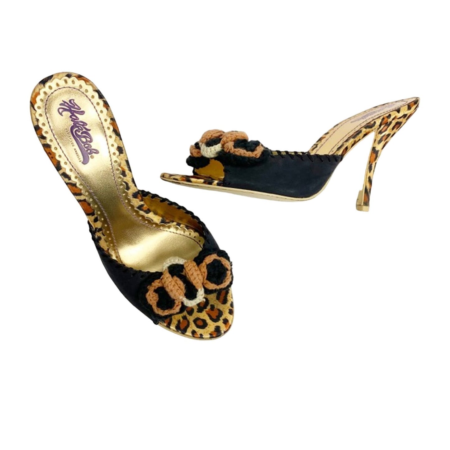 Hale Bob floral & leopard HEELS black brown crochet knit flowers size 7 M shoes