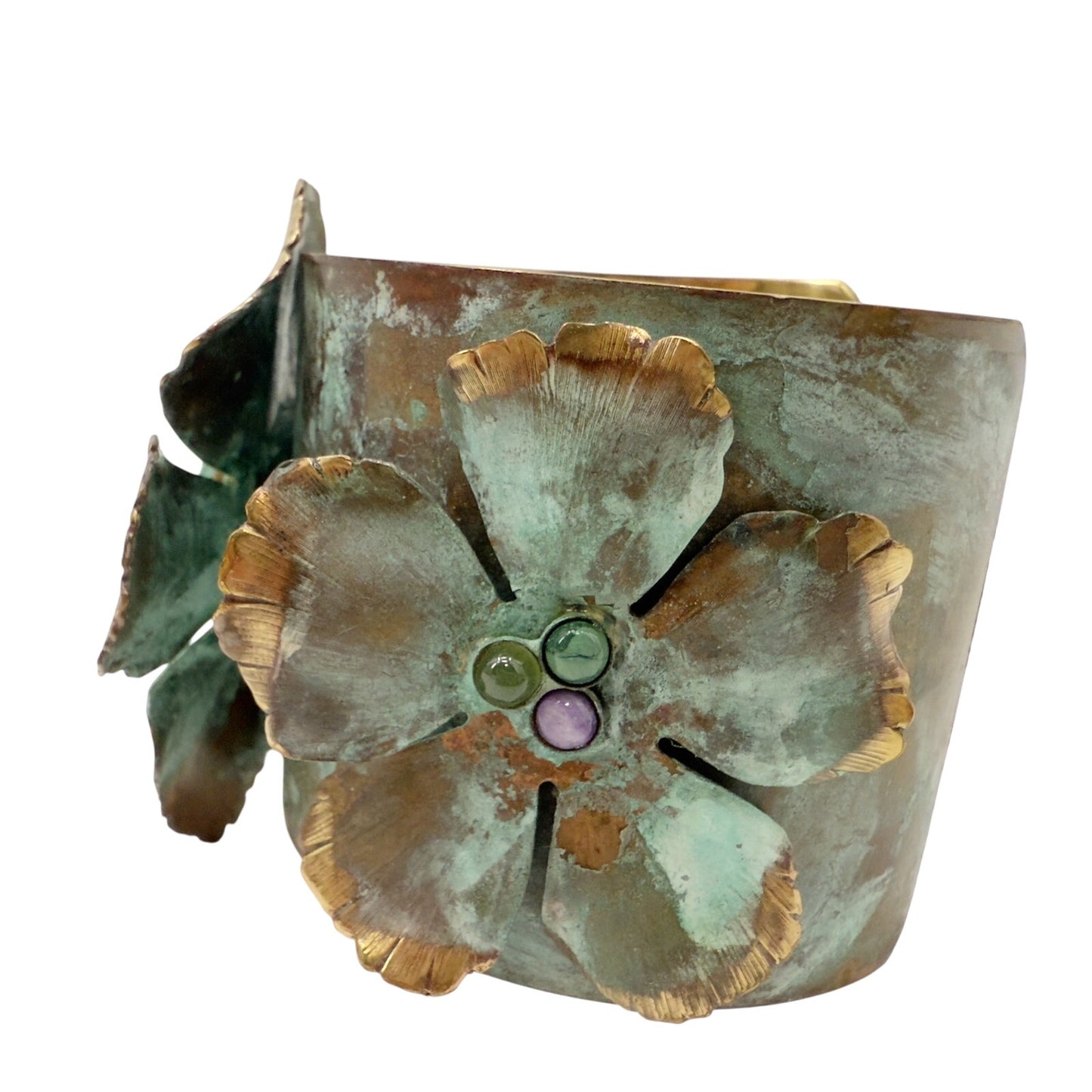 Verdigris Patina solid brass floral wide 2" Cuff Bracelet genuine stones jewelry