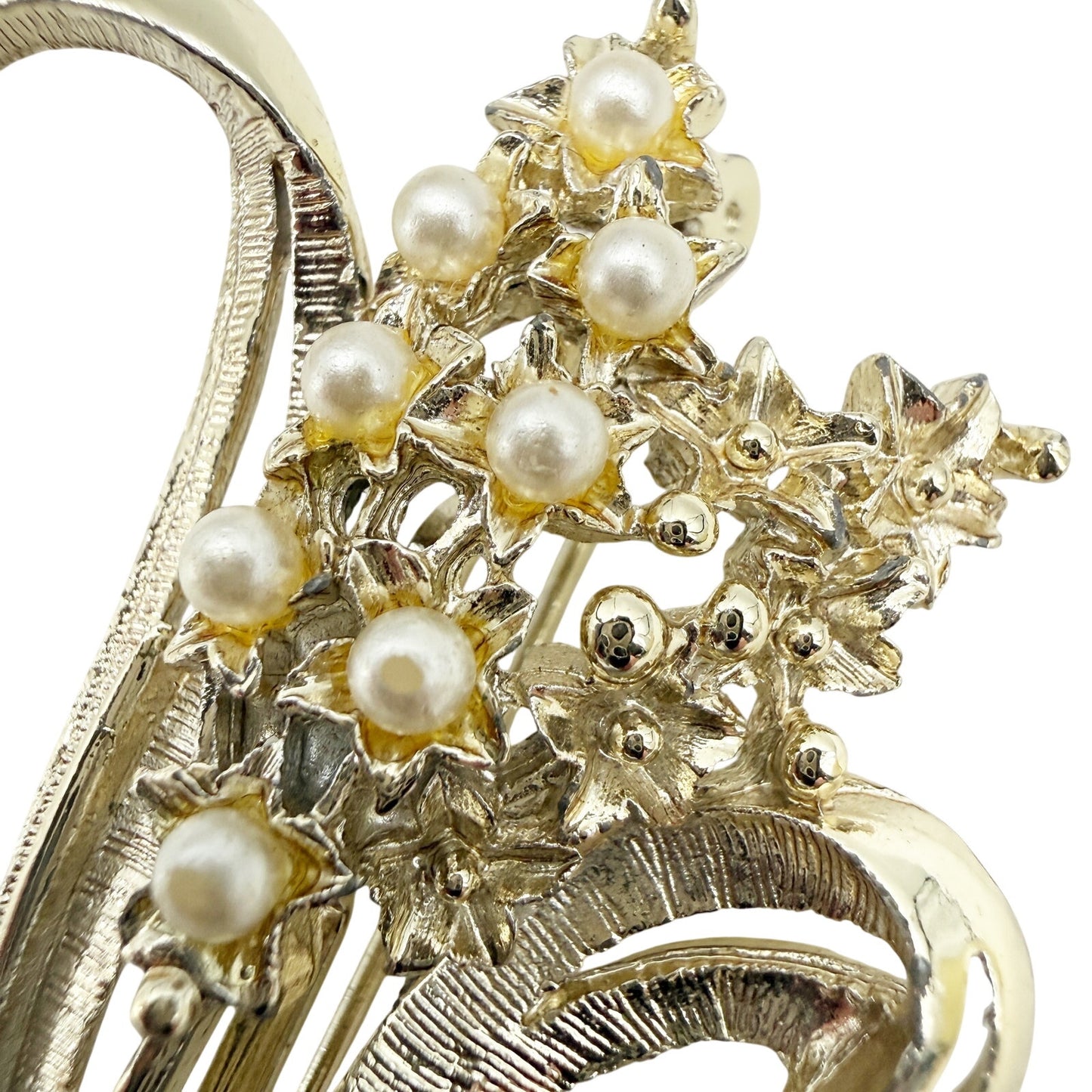 vintage silver & faux pearls Floral Bouquet BROOCH jewelry pin tiny flowers leaf