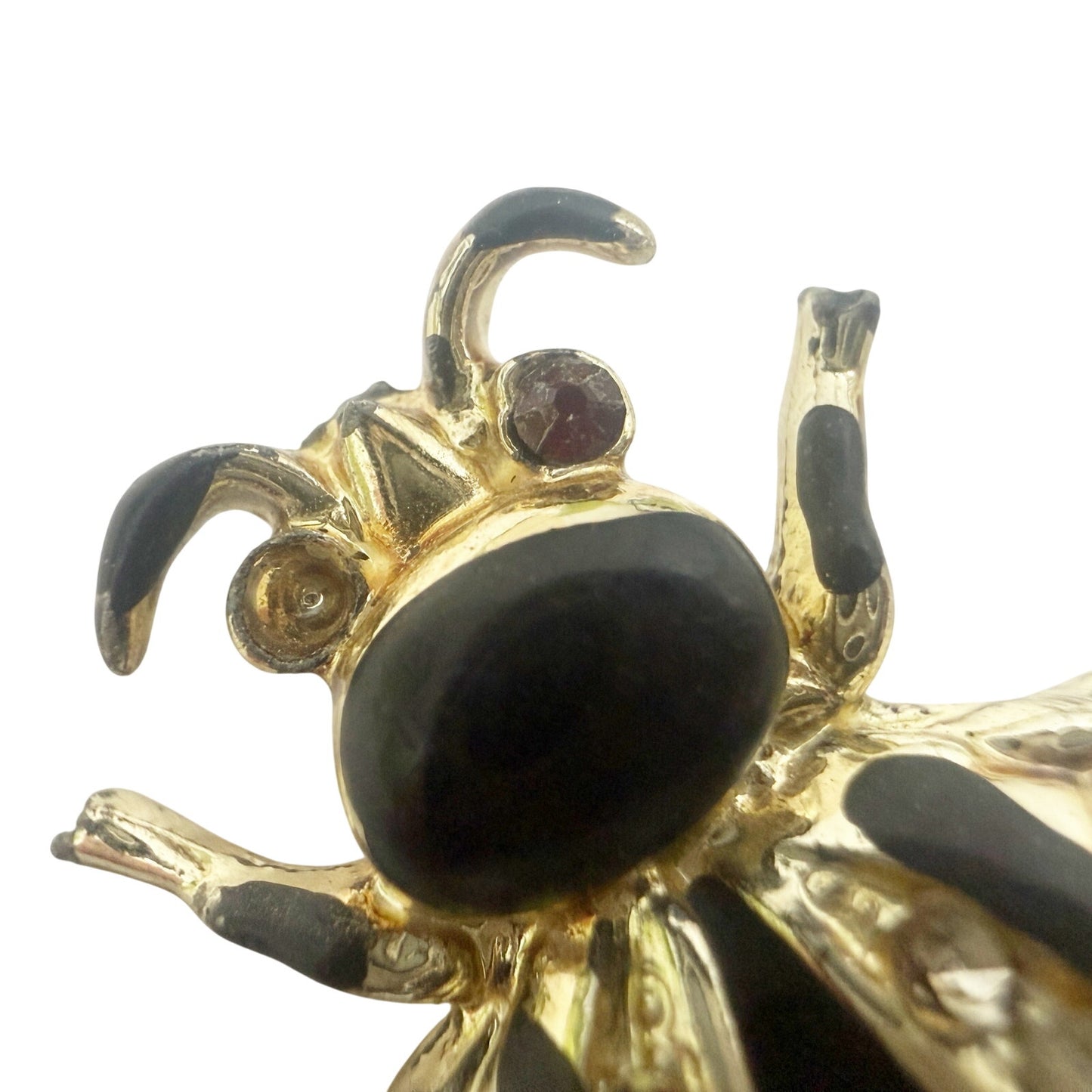 vintage black enamel & gold Bug Fly BROOCH insect jewelry pin clear rhinestones