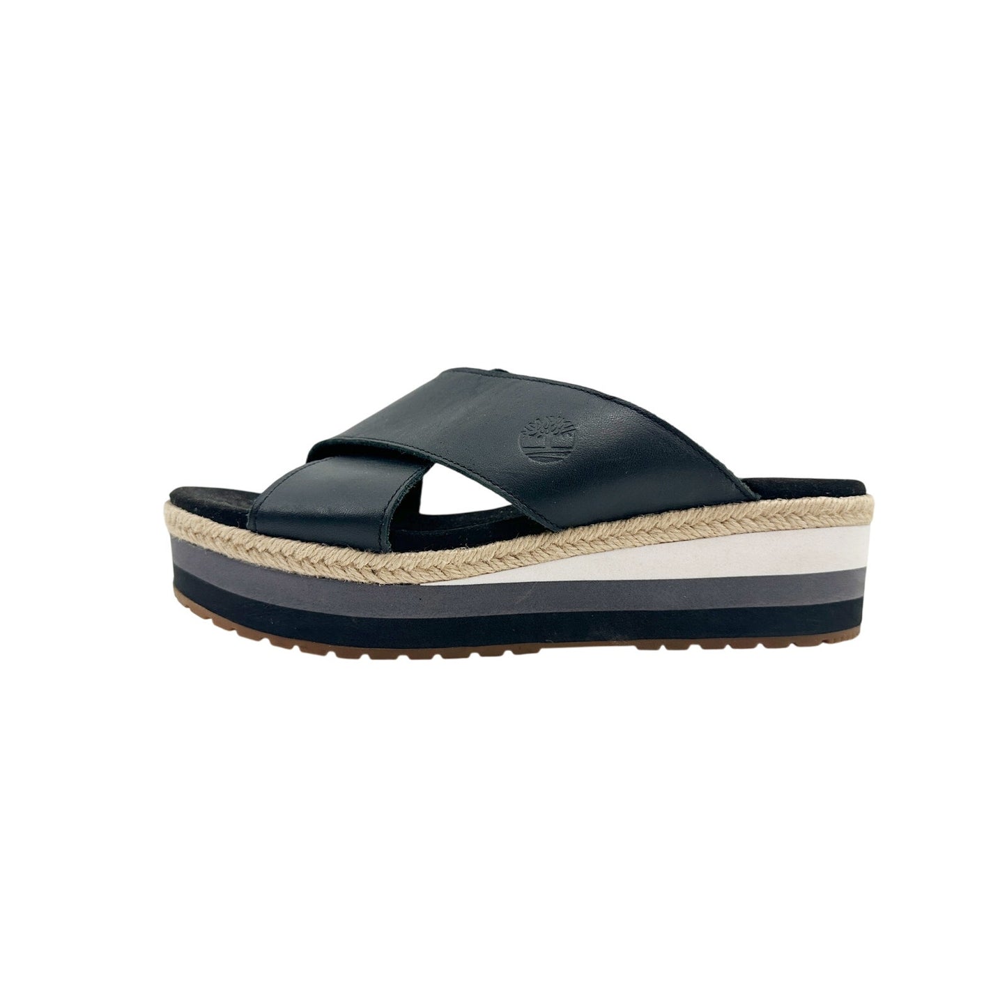 Timberland black leather gray white jute Slide Sandals women's 6 shoes Ortholite
