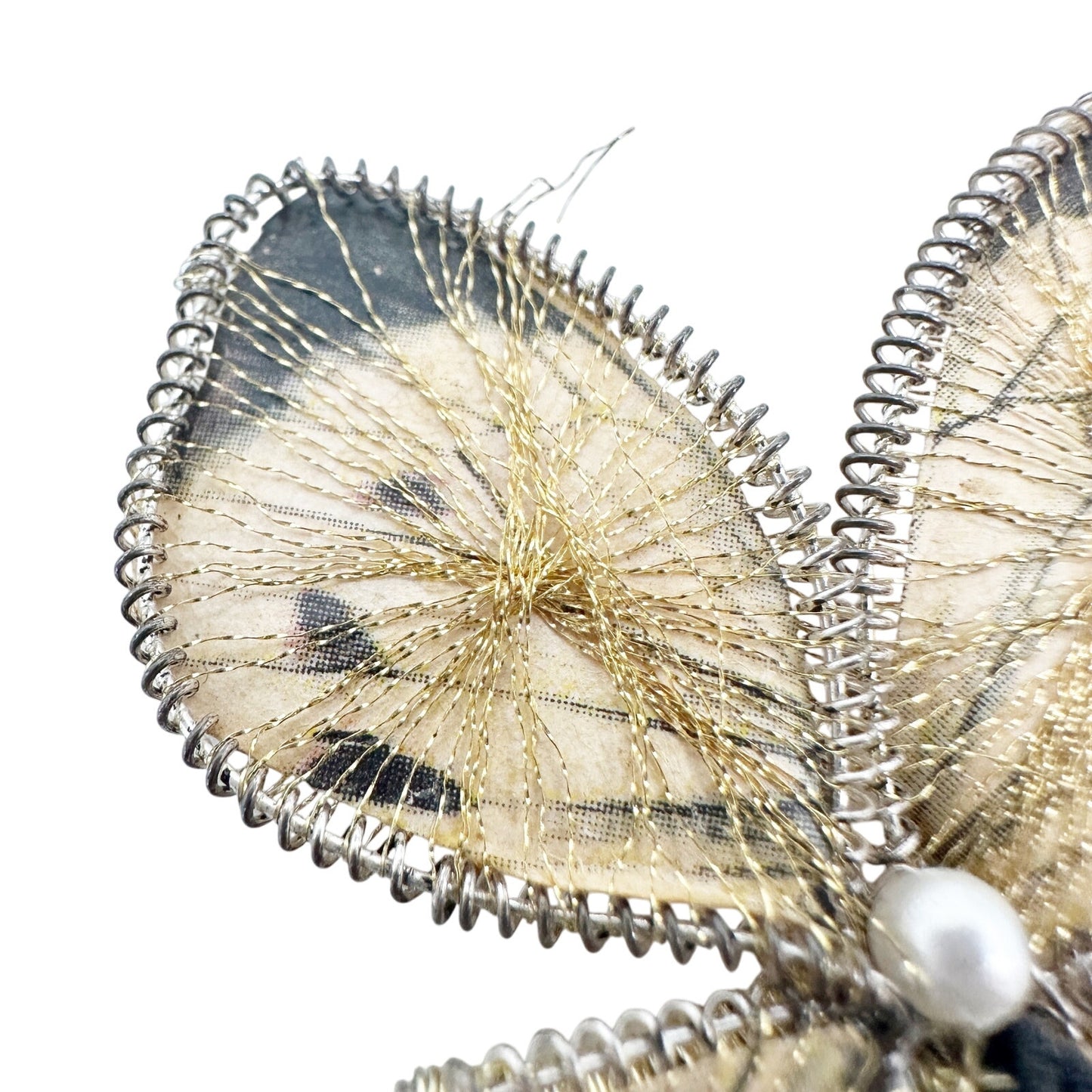 vintage black cream & metallic gold threads Butterfly BROOCH jewelry pin