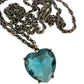 vintage dark metal chain link Necklace blue Heart Rhinestone Pendant jewelry