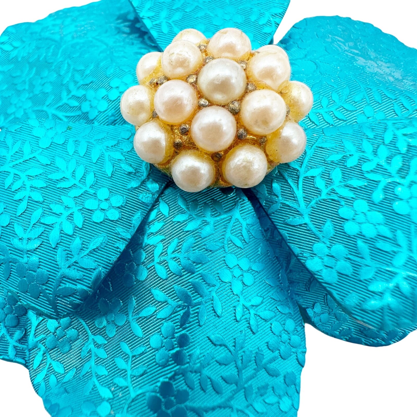 vintage metal large metallic blue flower BROOCH faux pearls floral jewelry pin