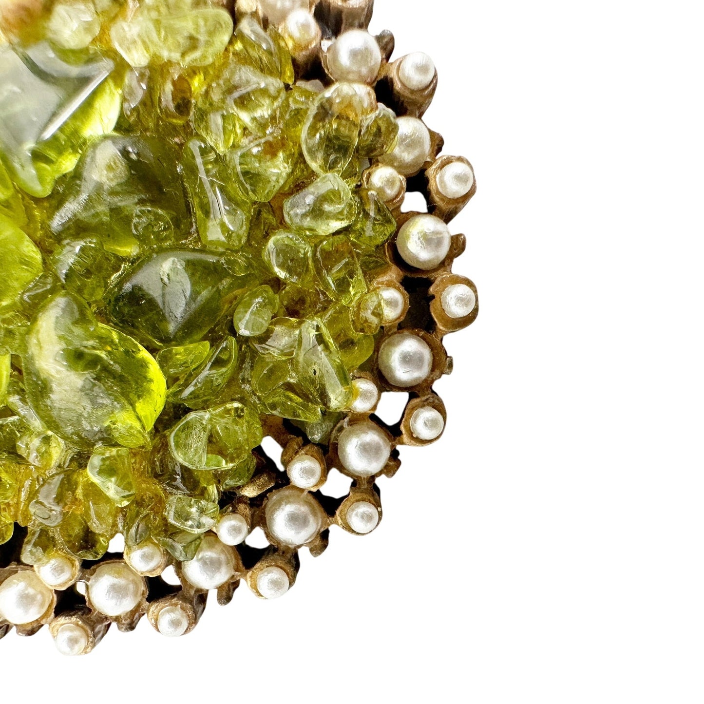 vintage faux pearls gold green stones BROOCH floral jewelry pin