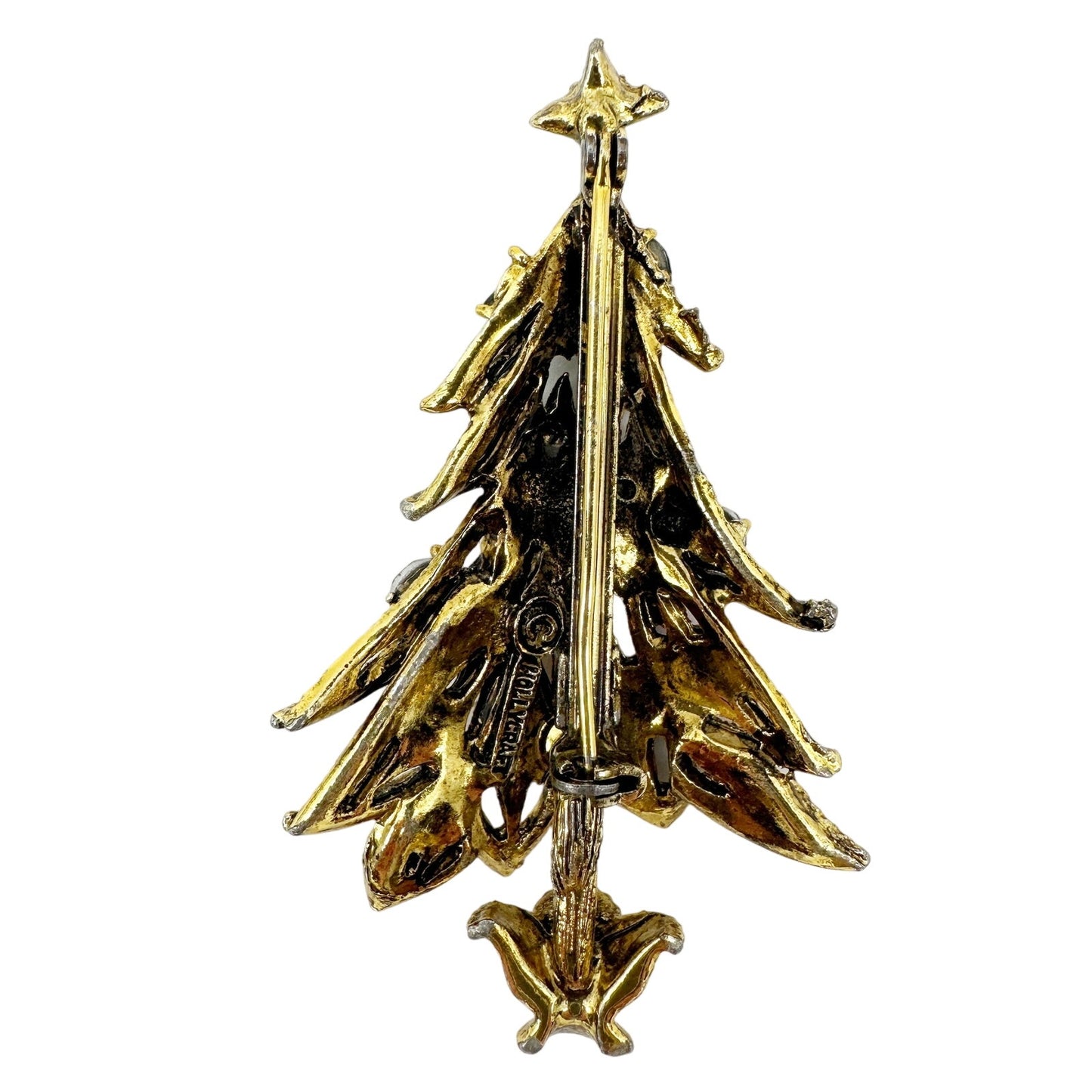 vintage Hollycraft gold & rhinestones Christmas Tree BROOCH holidays jewelry pin