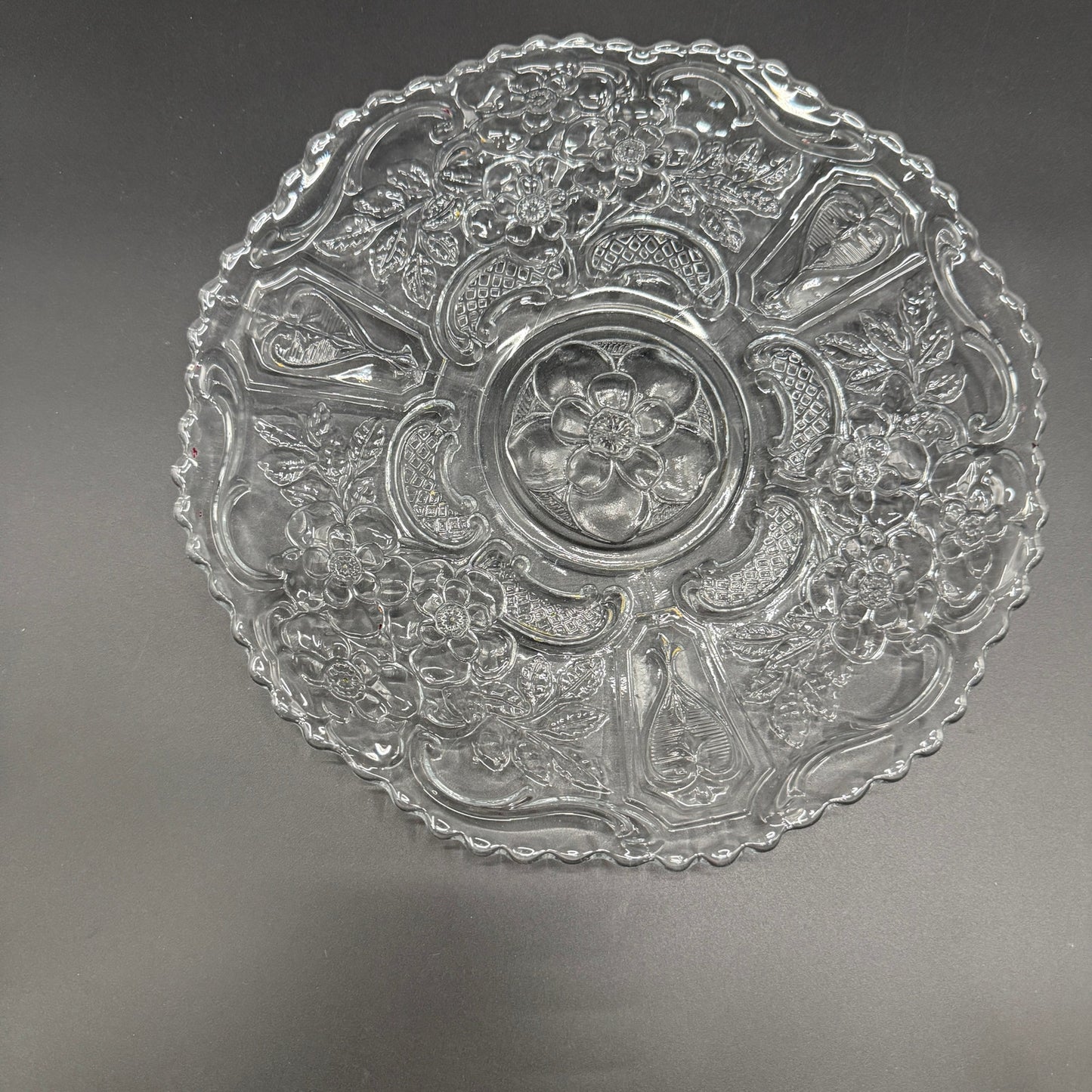 vintage 10.5" clear glass floral Cake Plate scalloped edge pressed glassware