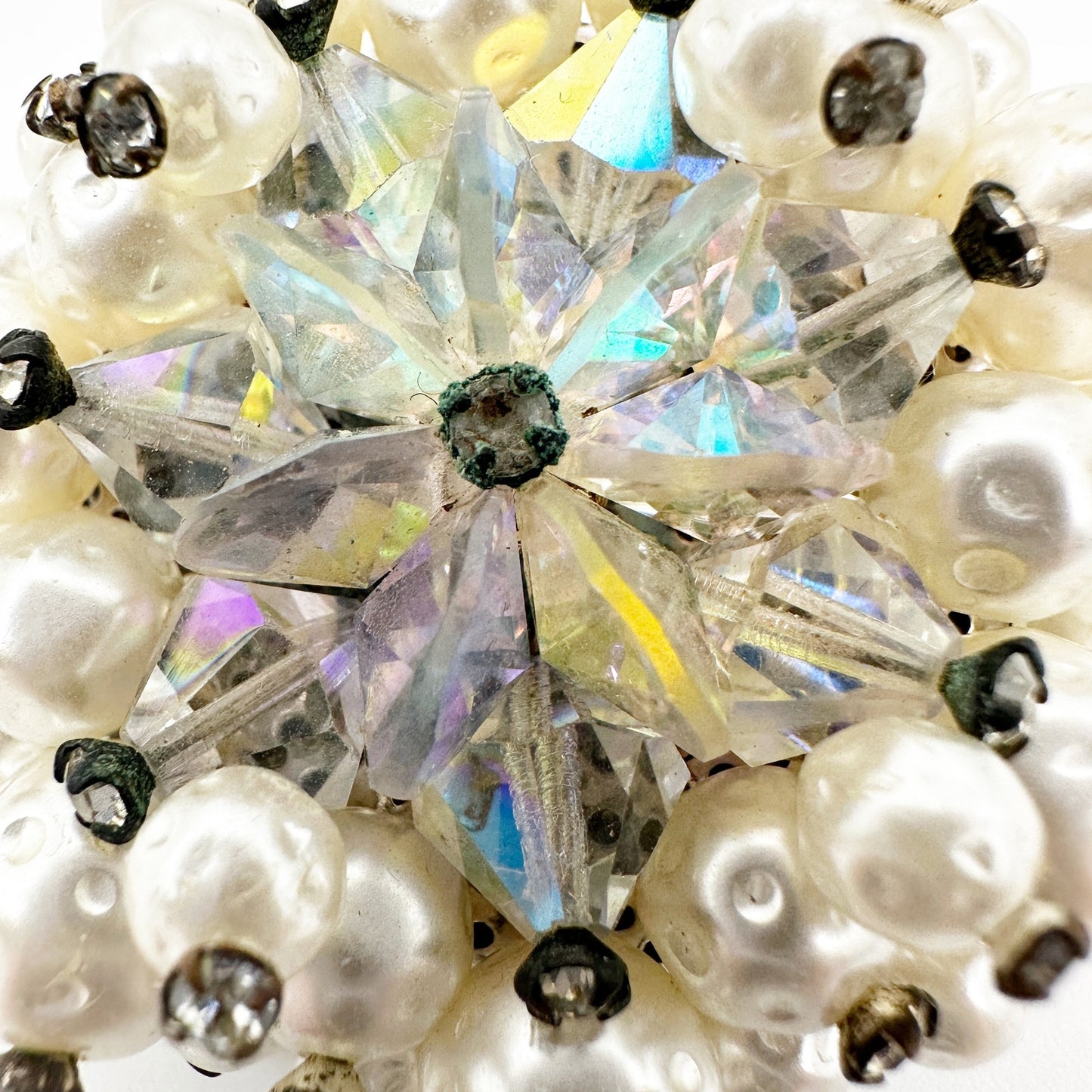 vintage pearls clear rhinestones iridescent BROOCH round jewelry pin