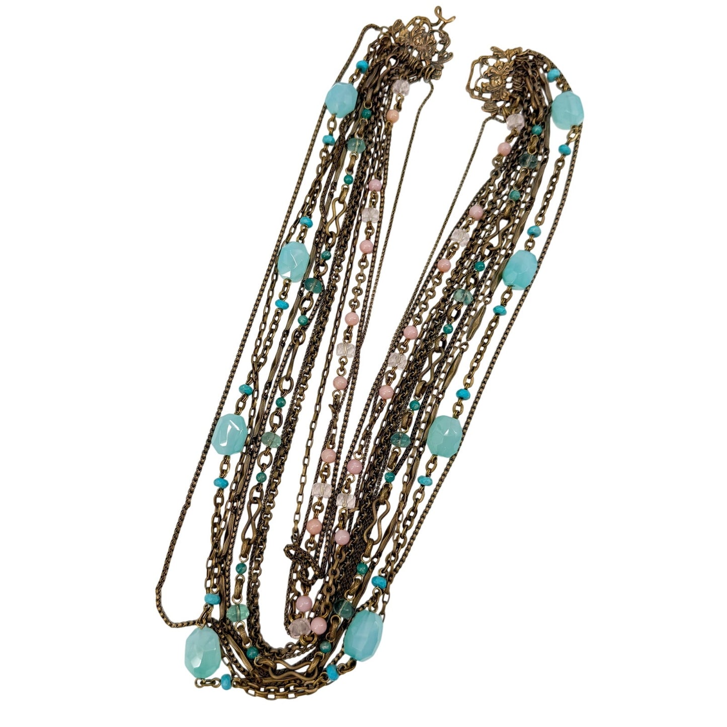 Stephen Dweck multi-12 strand pink & blue Beaded Statement Necklace bronze metal