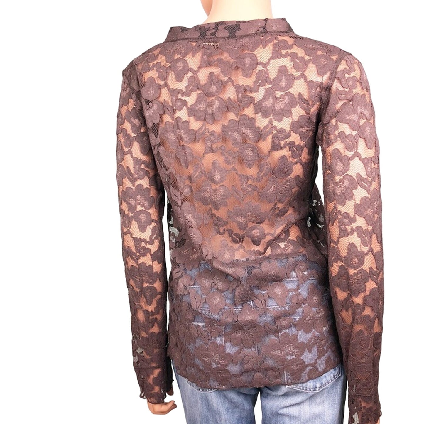 SAGA dark brown LACE sheer blouse TOP long sleeves women's S small