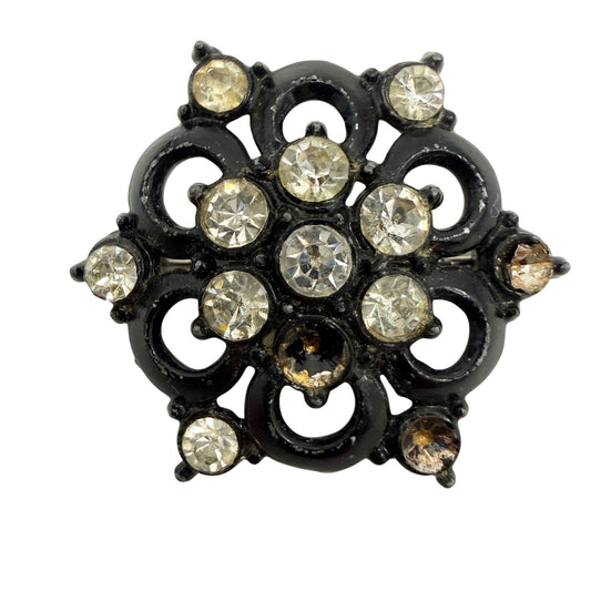 vintage black metal & clear rhinestones BROOCH jewelry pin