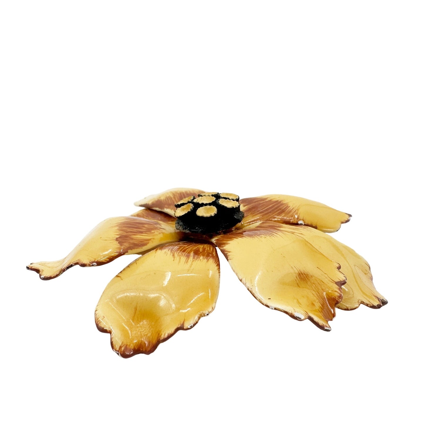 vintage enamel yellow & brown metal flower BROOCH floral. jewelry pin