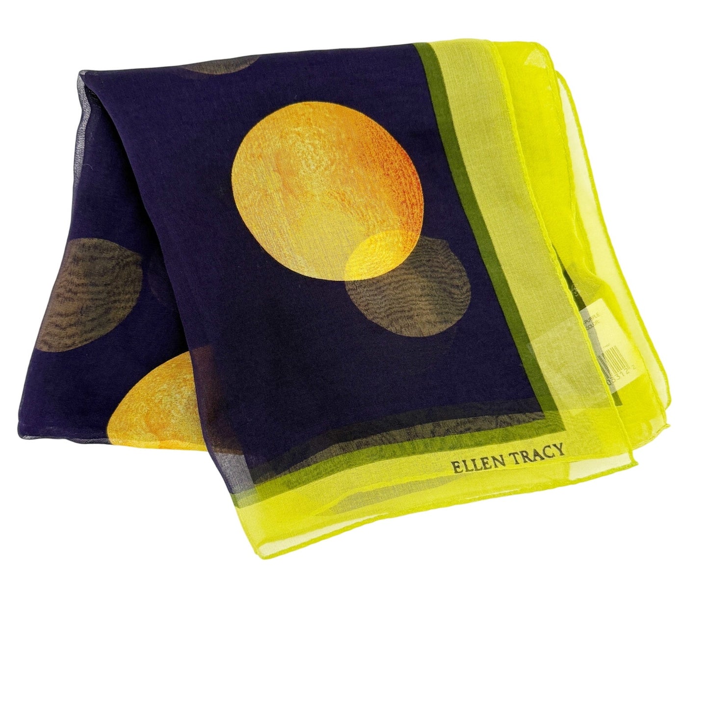 Ellen Tracy dark purple lime green sheer Scarf orange lemons limes 100% silk NEW