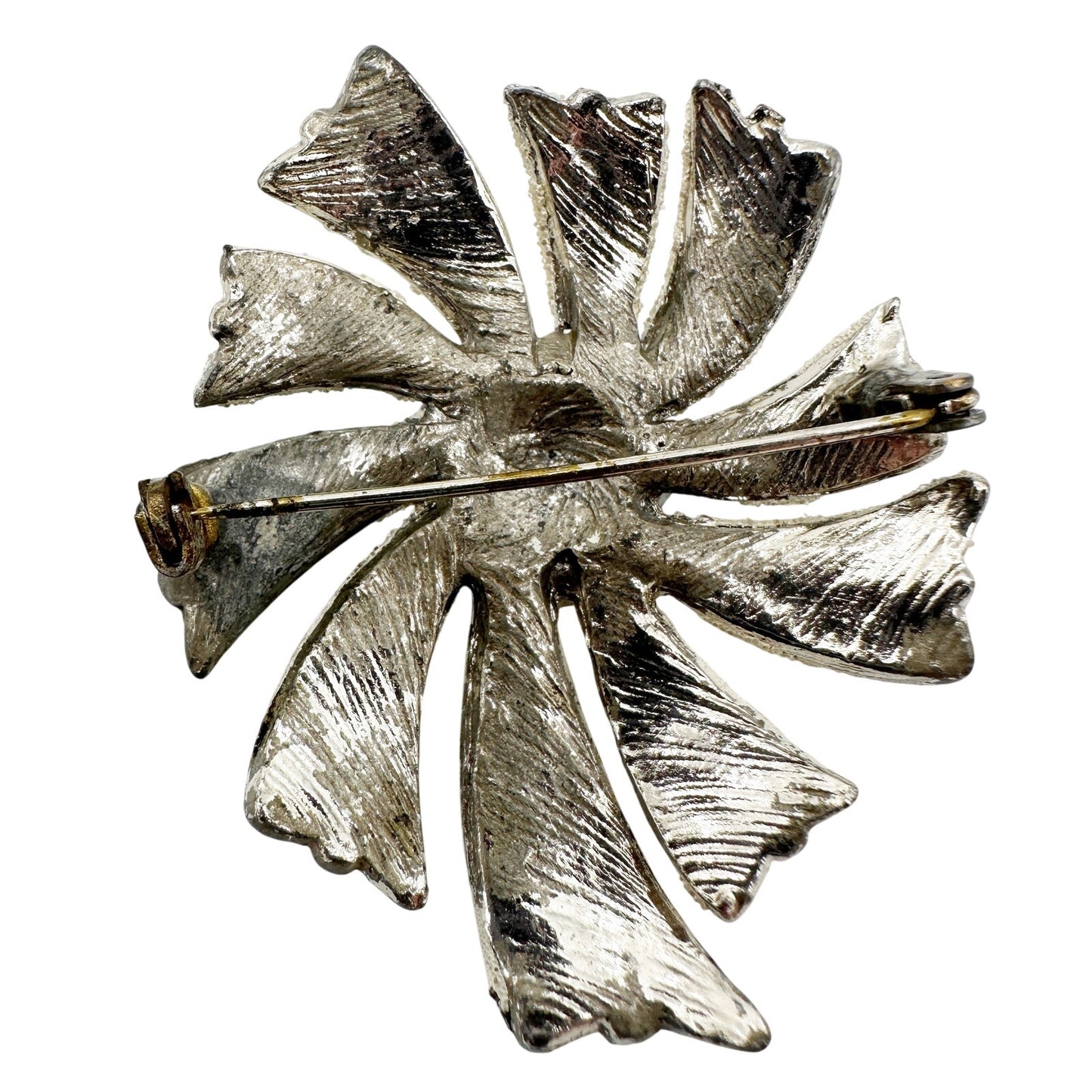vintage silver & white rhinestones flower BROOCH floral pinwheel jewelry pin