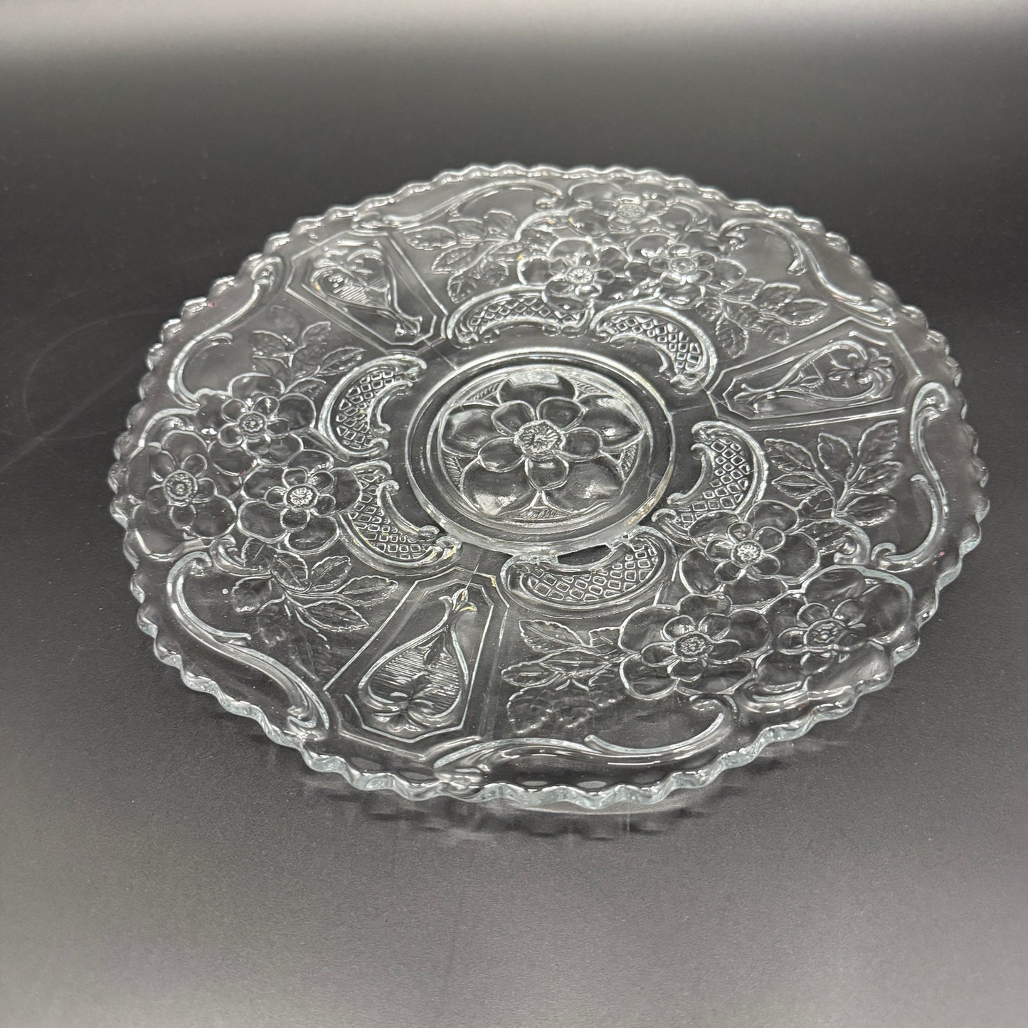 vintage 10.5" clear glass floral Cake Plate scalloped edge pressed glassware
