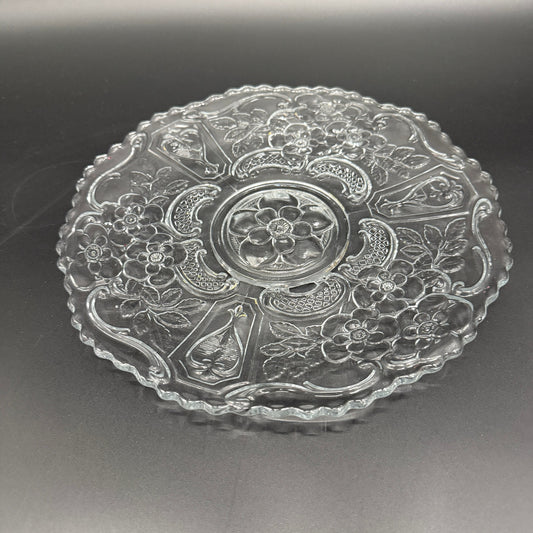 vintage 10.5" clear glass floral Cake Plate scalloped edge pressed glassware