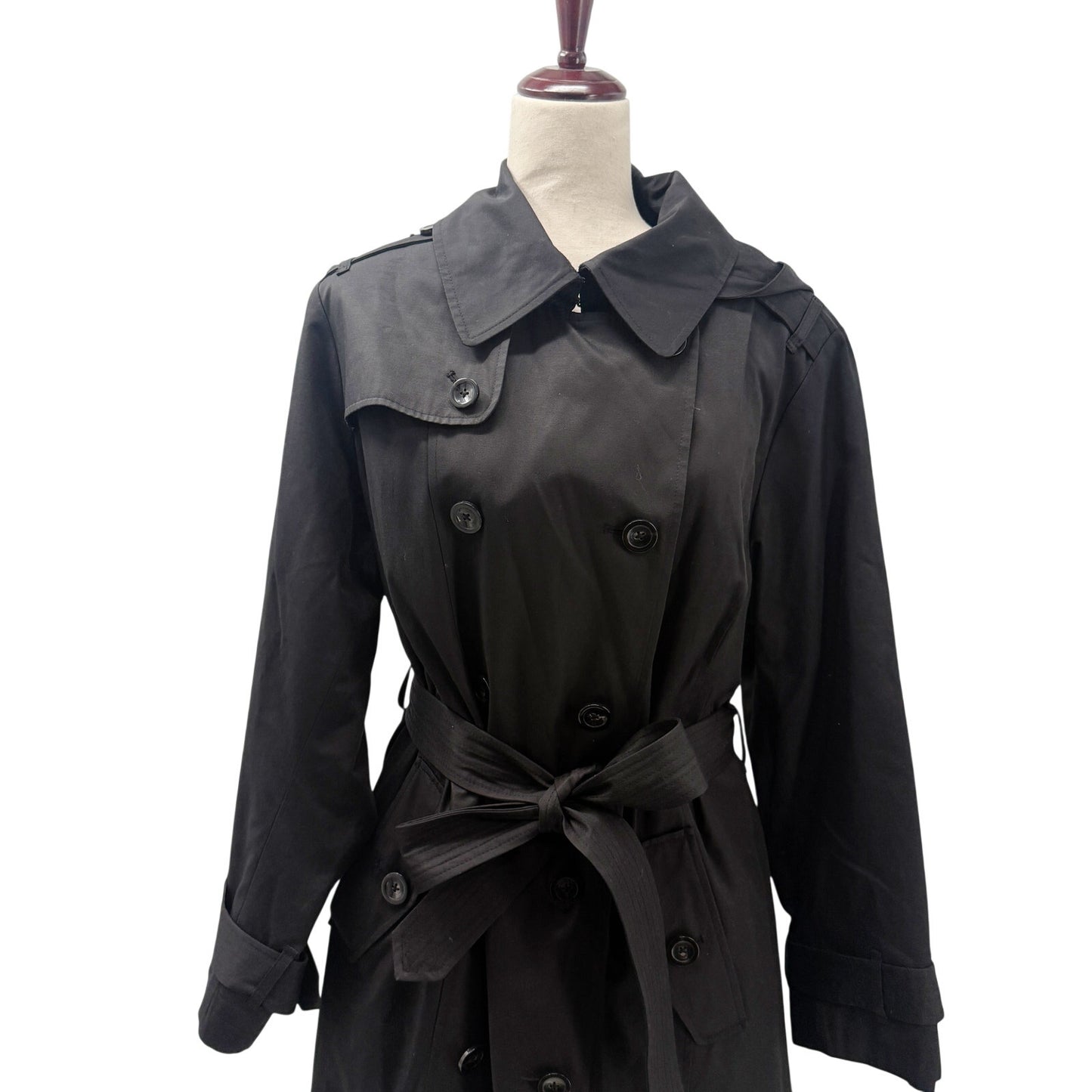 London Fog black belted Trench Coat women's 1X removable hood jacket outerwear