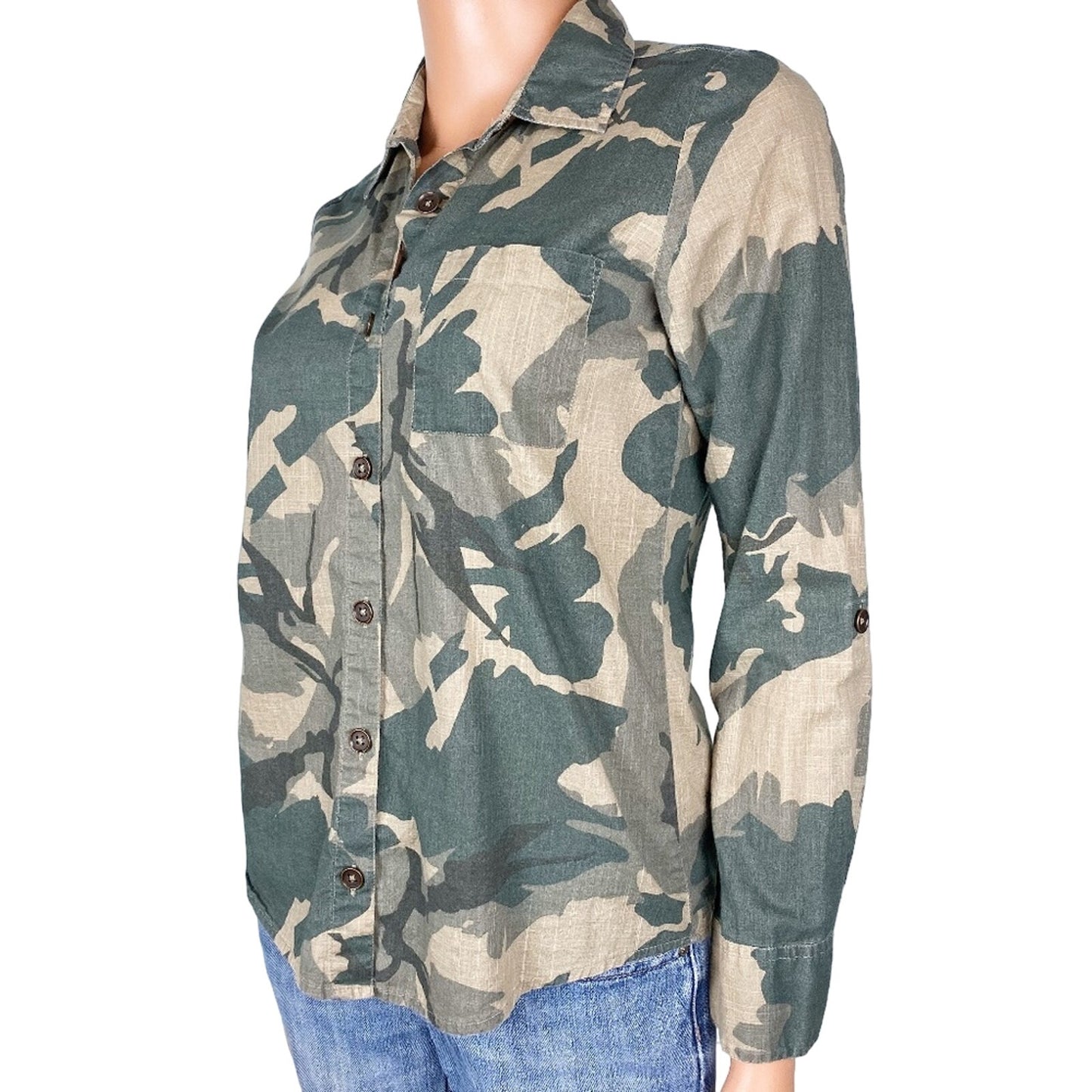 Hive & Honey green camouflage button down SHIRT top size XS extra small camo