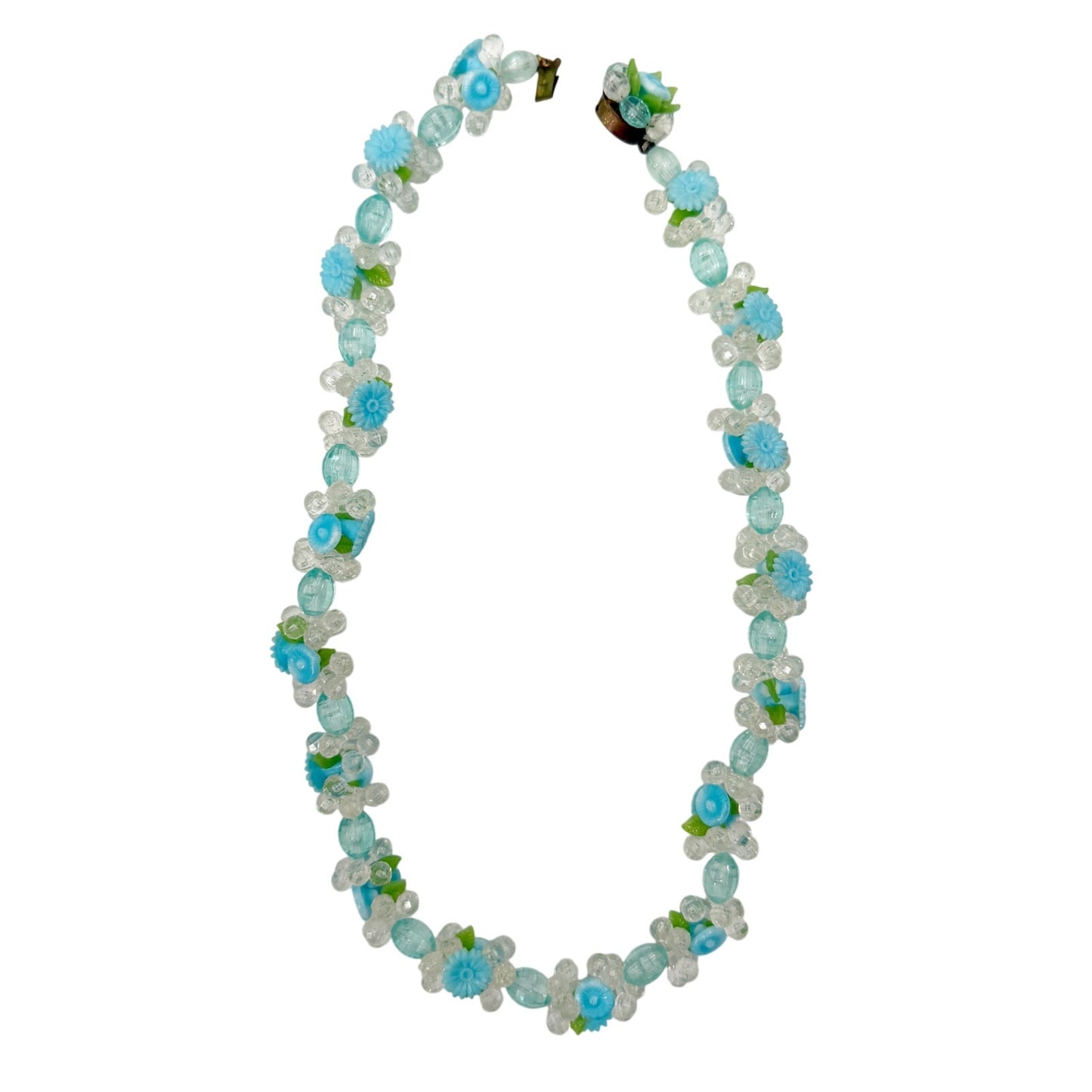 vintage West Germany beaded floral Necklace blue green clear costume jewelry