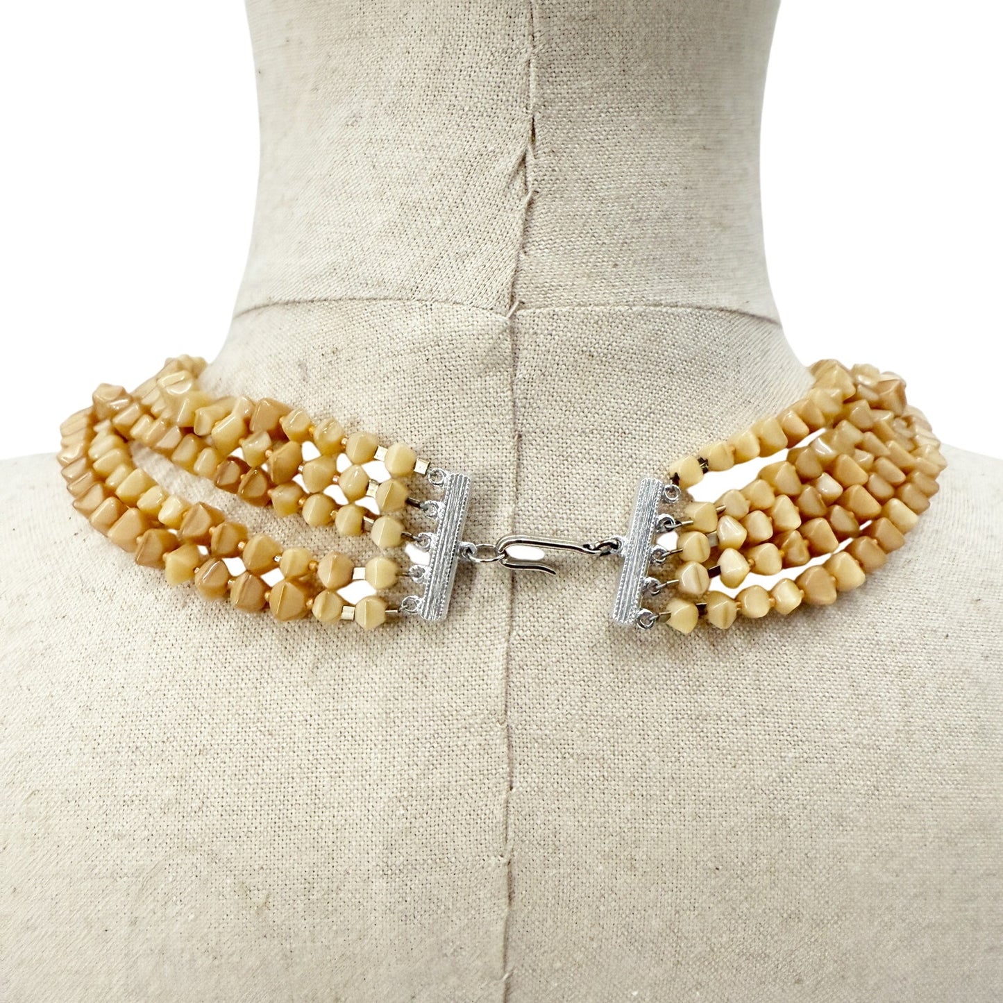 vintage tan multi-strand Stone beaded Necklace statement costume jewelry