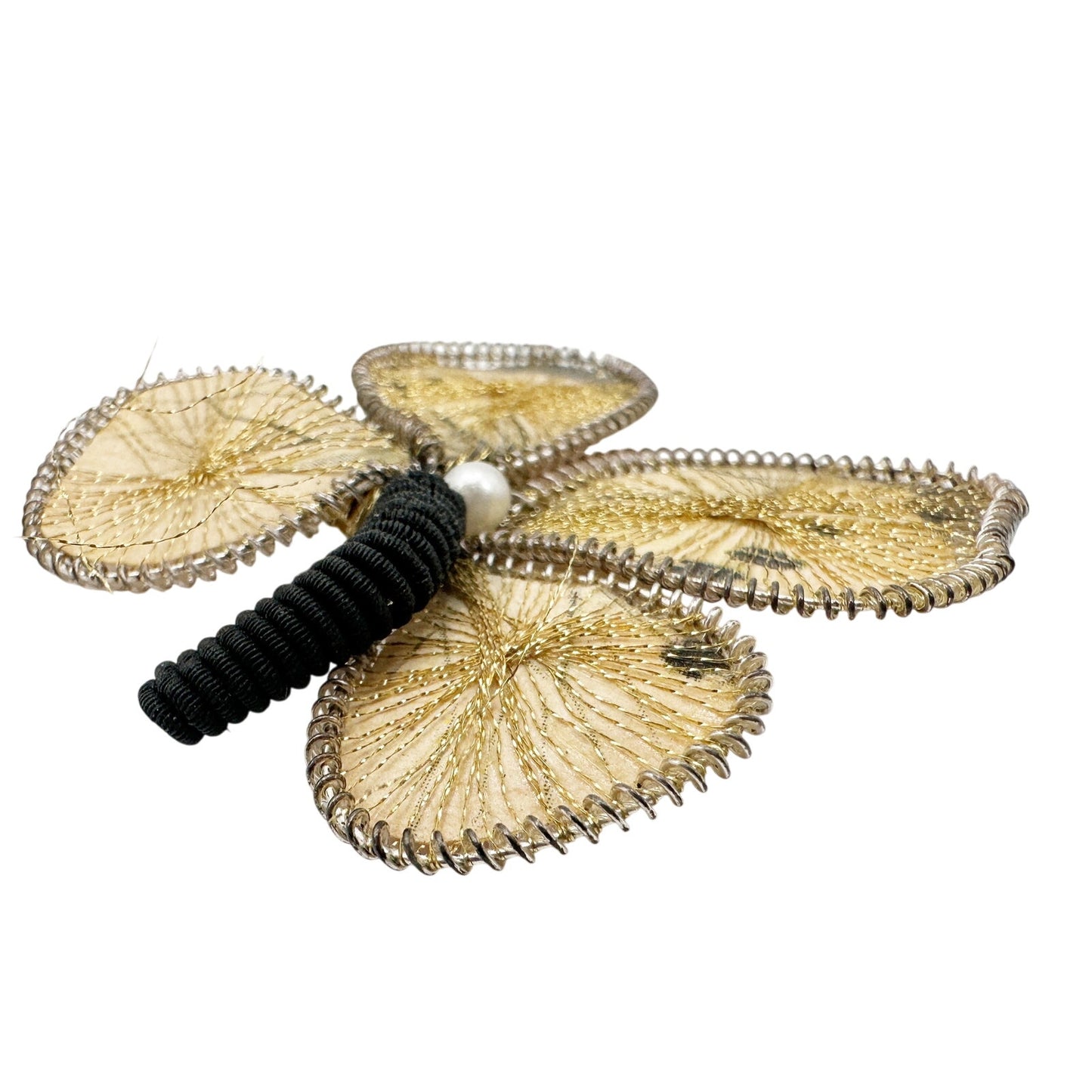 vintage black cream & metallic gold threads Butterfly BROOCH jewelry pin