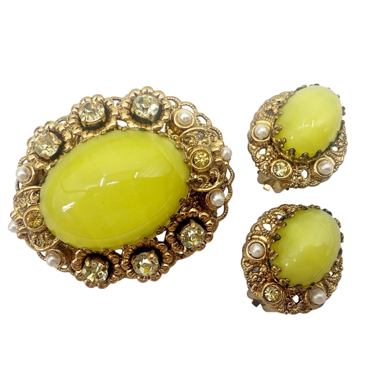 vintage West Germany yellow gold BROOCH jewelry clip EARRINGS rhinestones pearls