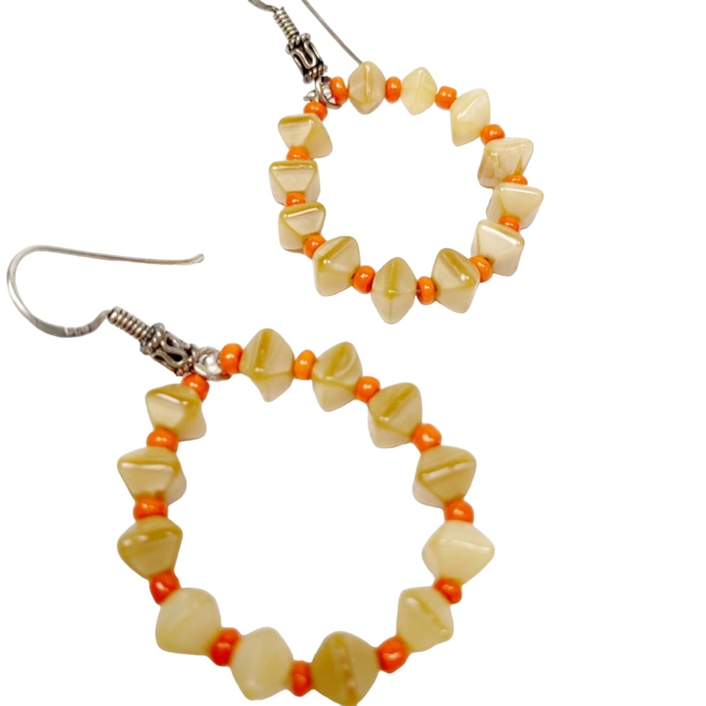 handmade orange & tan loop beaded EARRINGS jewelry NEW vintage beads