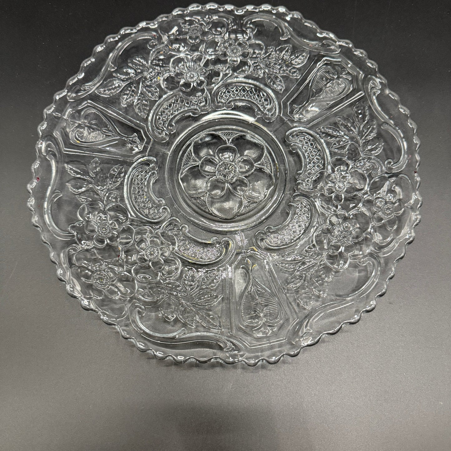 vintage 10.5" clear glass floral Cake Plate scalloped edge pressed glassware