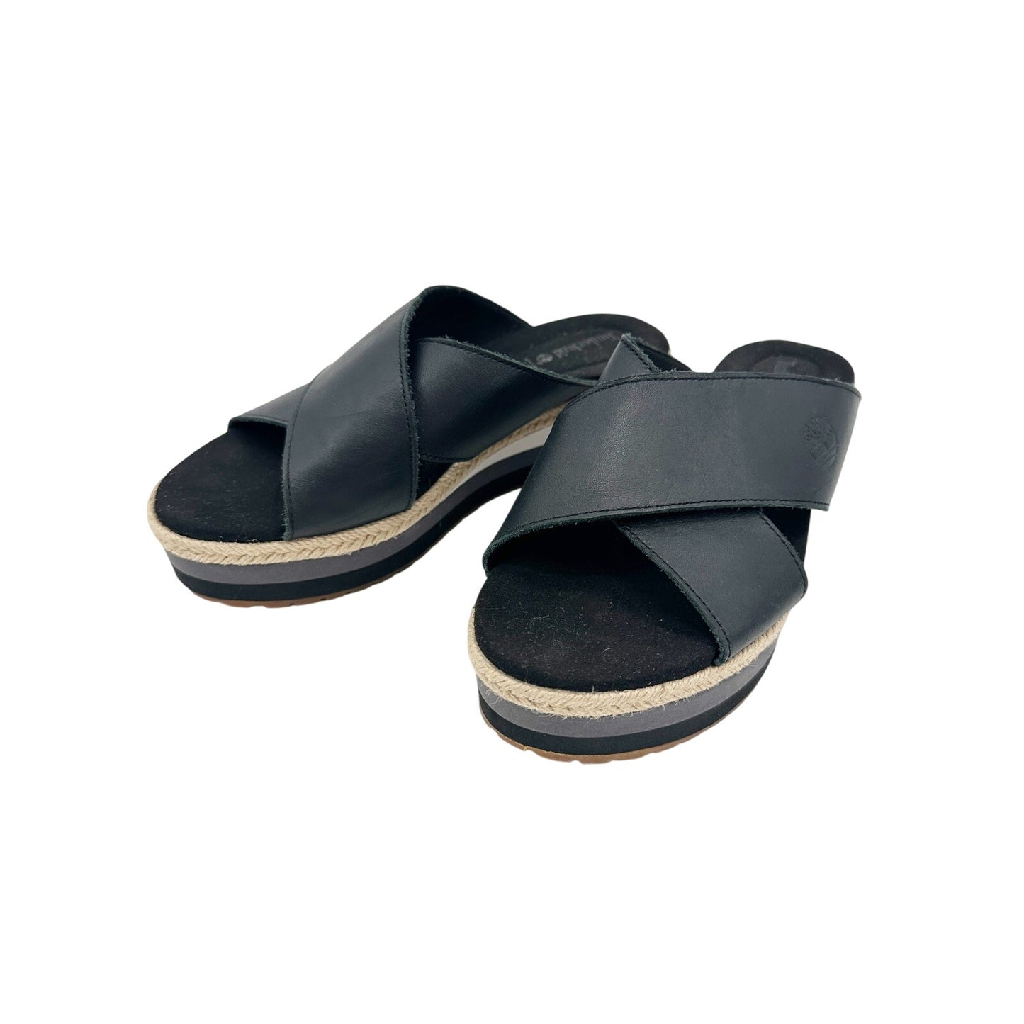 Timberland black leather gray white jute Slide Sandals women's 6 shoes Ortholite