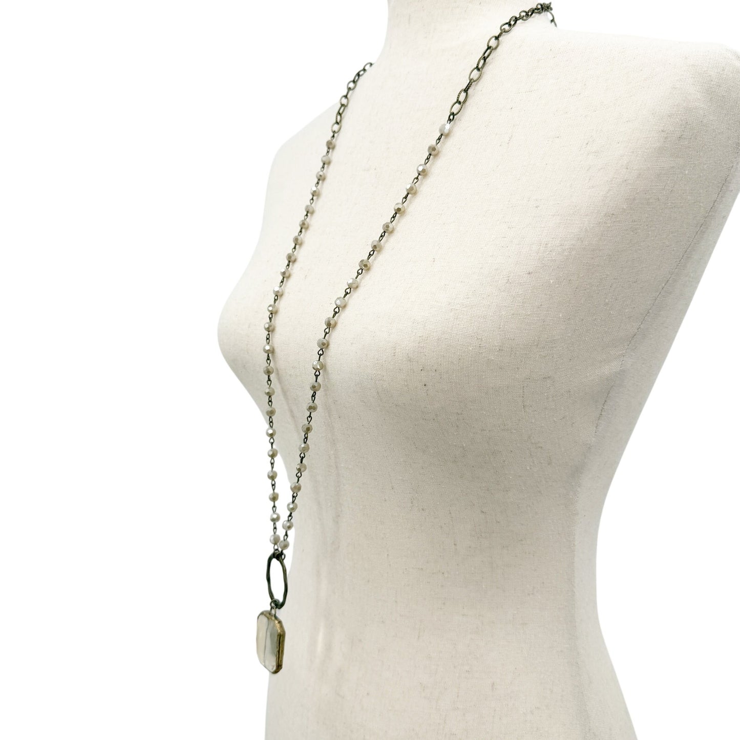 antique gold metal chain link Beaded Necklace iridescent beads fashion jewelry