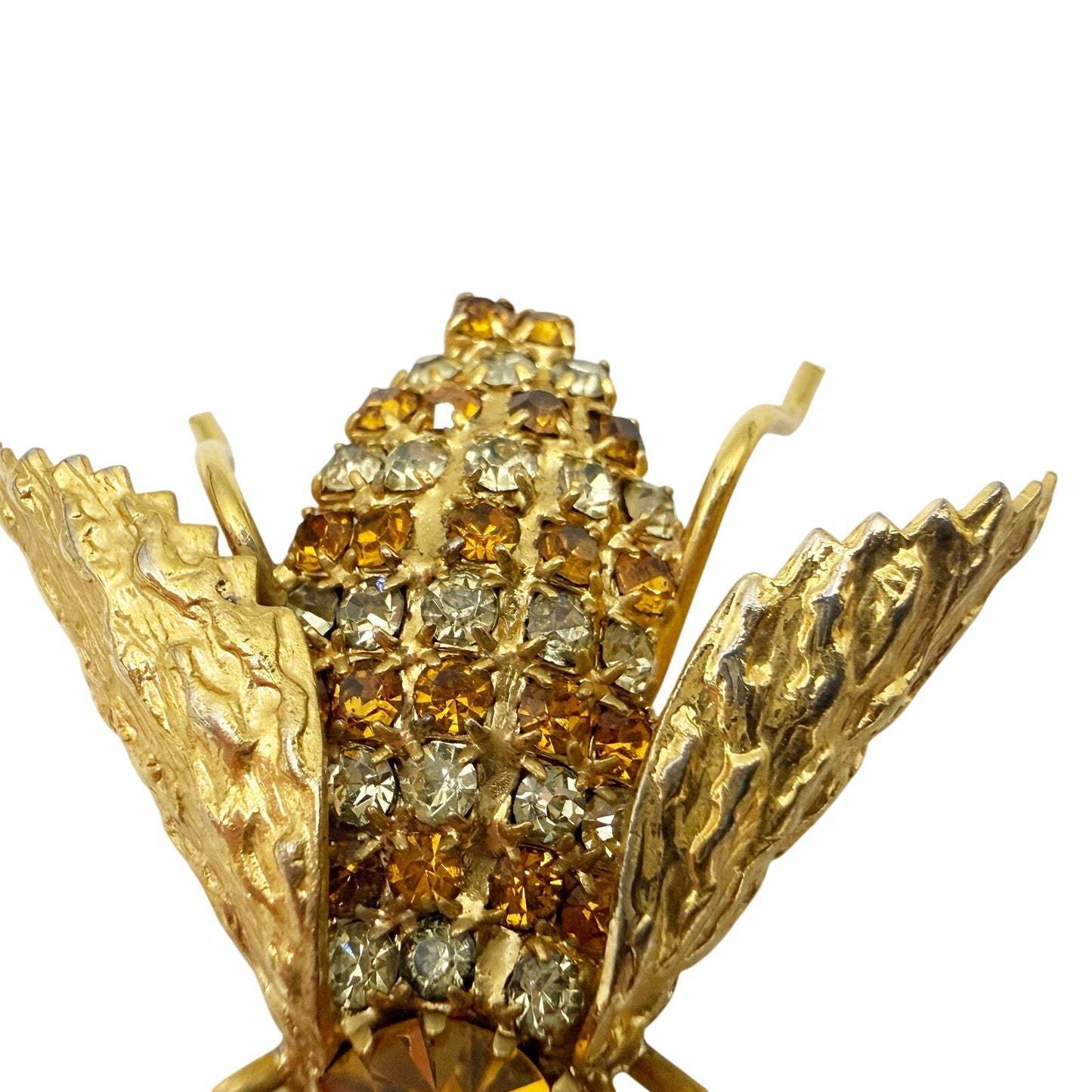vintage gold Honey Bee bug BROOCH insect jewelry pin clear topaz rhinestones