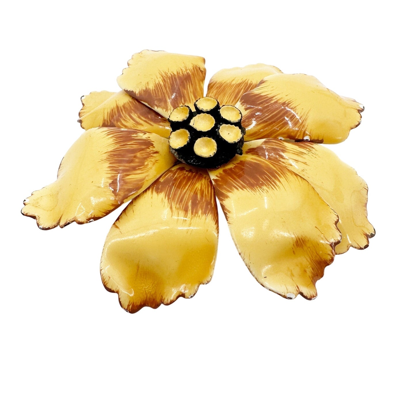 vintage enamel yellow & brown metal flower BROOCH floral. jewelry pin