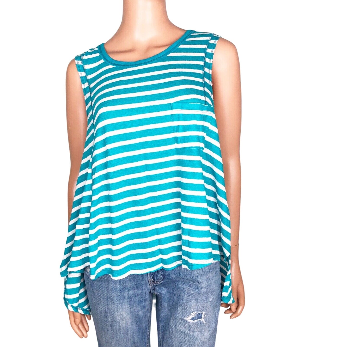 We The Free People white turquoise striped tank TOP oversized XS extra small NEW