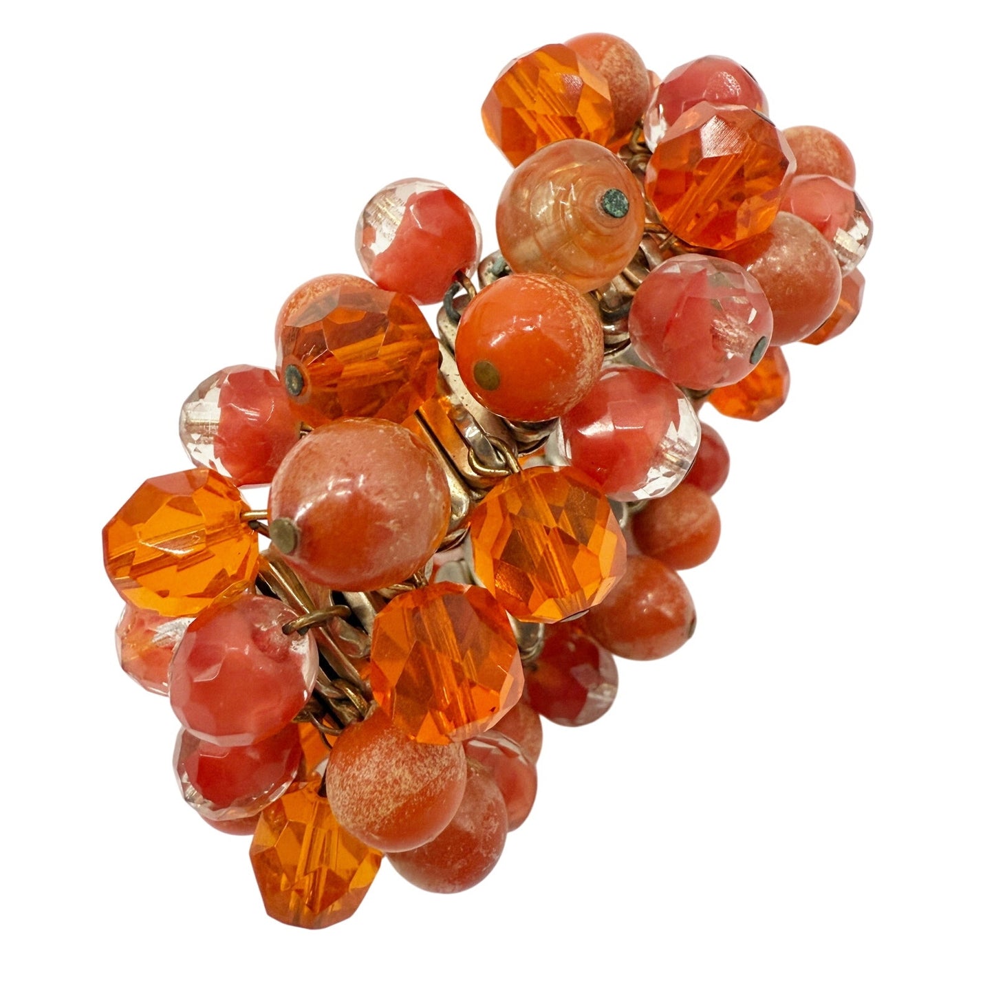 orange beaded stretch BRACELET gold tone metal vintage costume jewelry