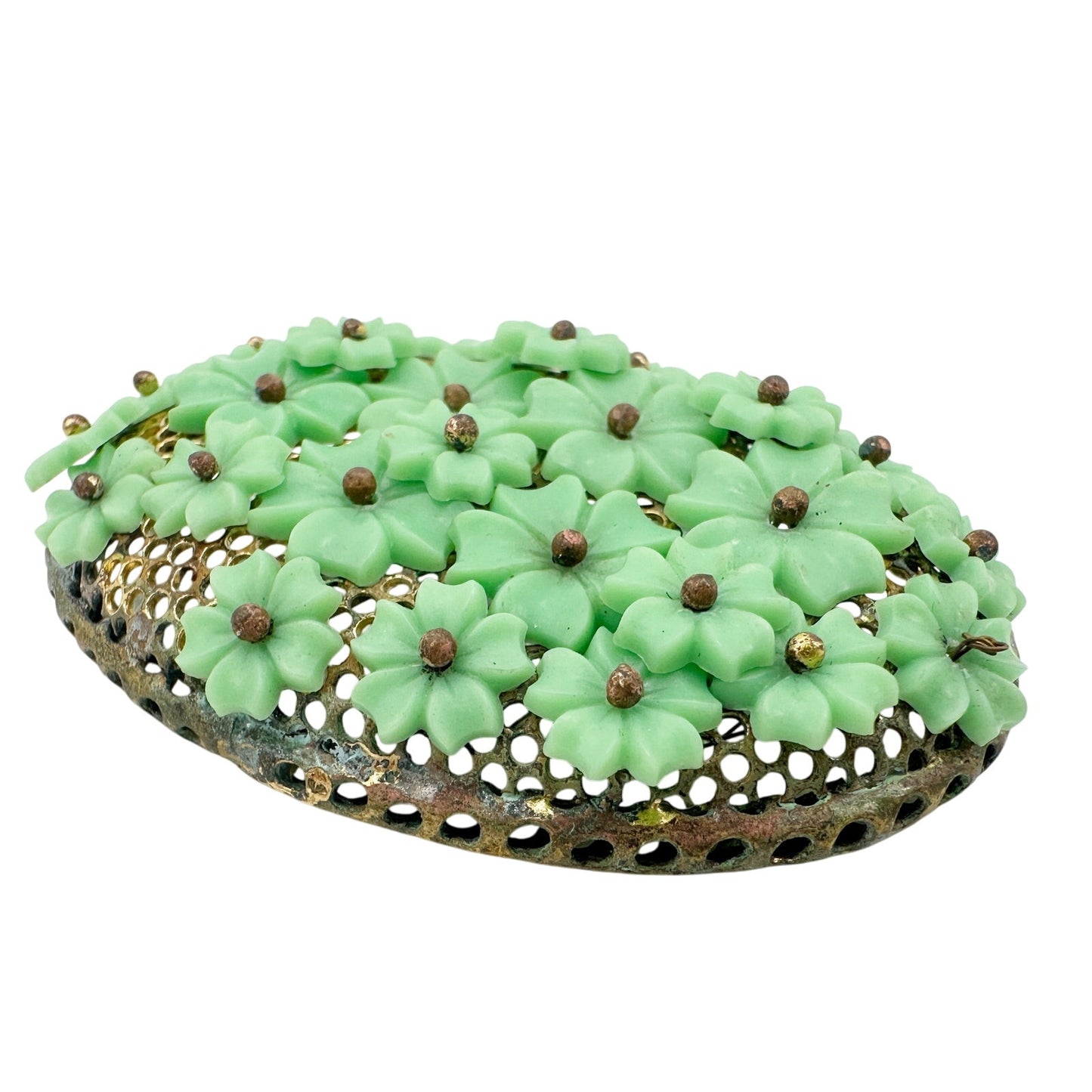 vintage small green flowers on oval metal BROOCH floral jewelry *missing pin*