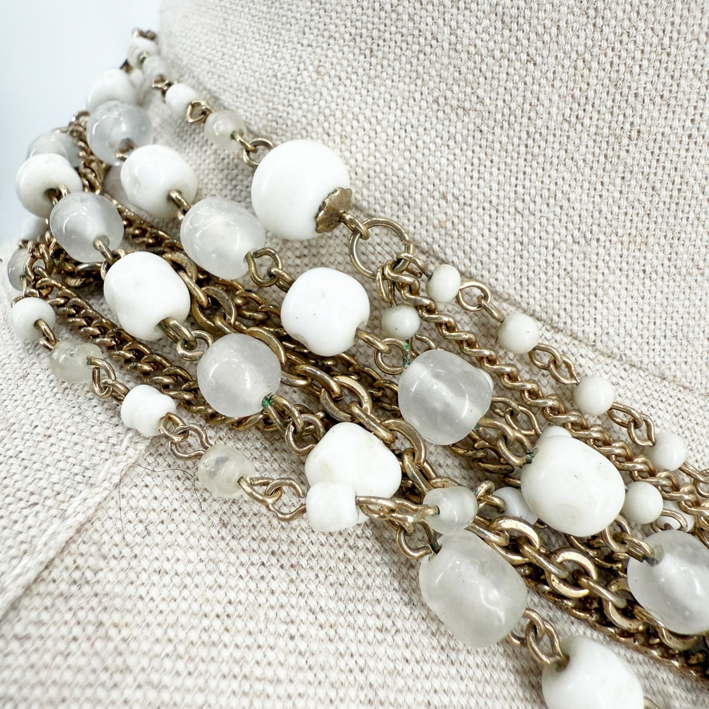 vintage multi-strand white beads & gold chain Choker Necklace costume jewelry