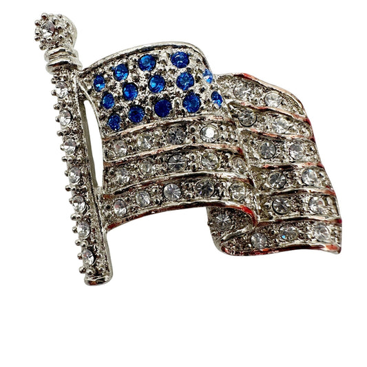 vintage American Flag blue & silver rhinestones BROOCH patriotic jewelry pin