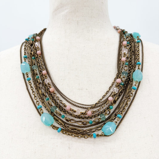 Stephen Dweck multi-12 strand pink & blue Beaded Statement Necklace bronze metal