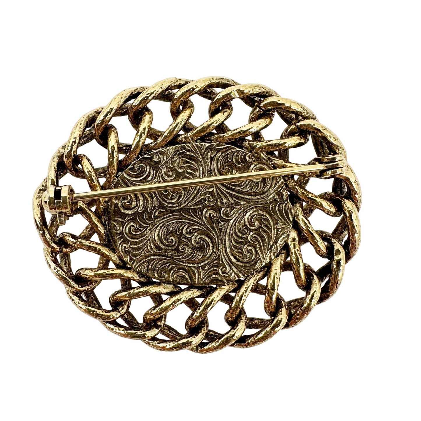 vintage oval gold BROOCH faux blue gemstone center jewelry pin