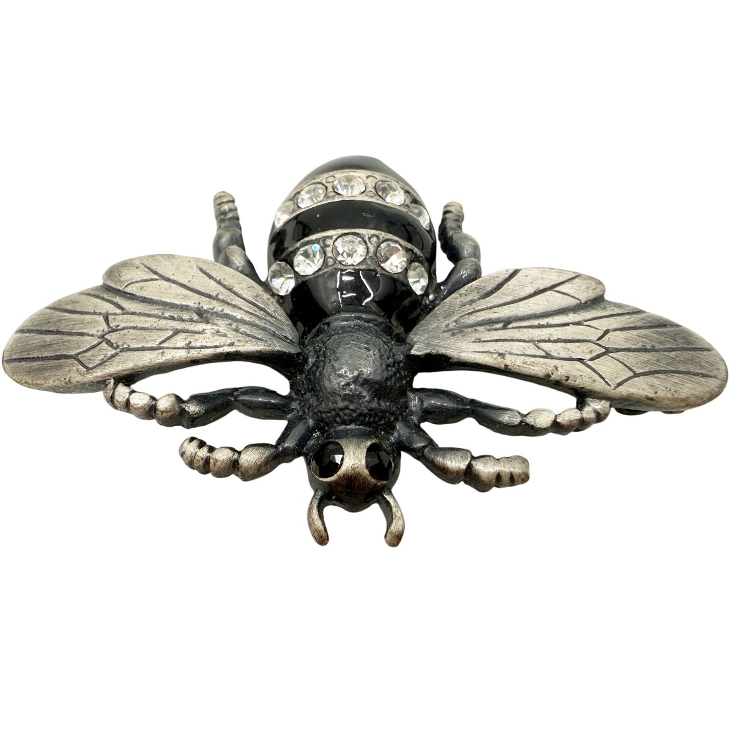 vintage black & silver Bumblebee BROOCH insect jewelry pin clear rhinestones