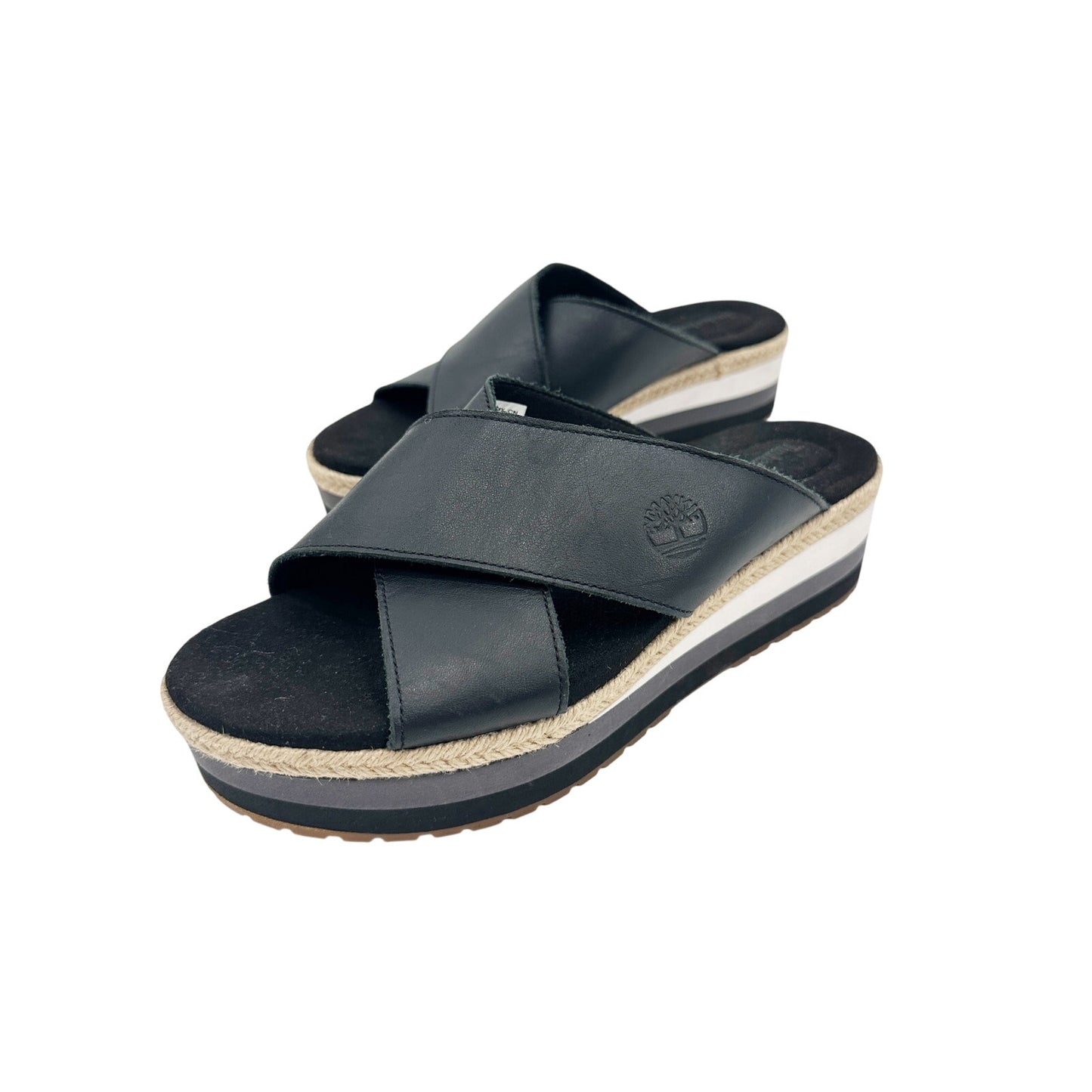 Timberland black leather gray white jute Slide Sandals women's 6 shoes Ortholite