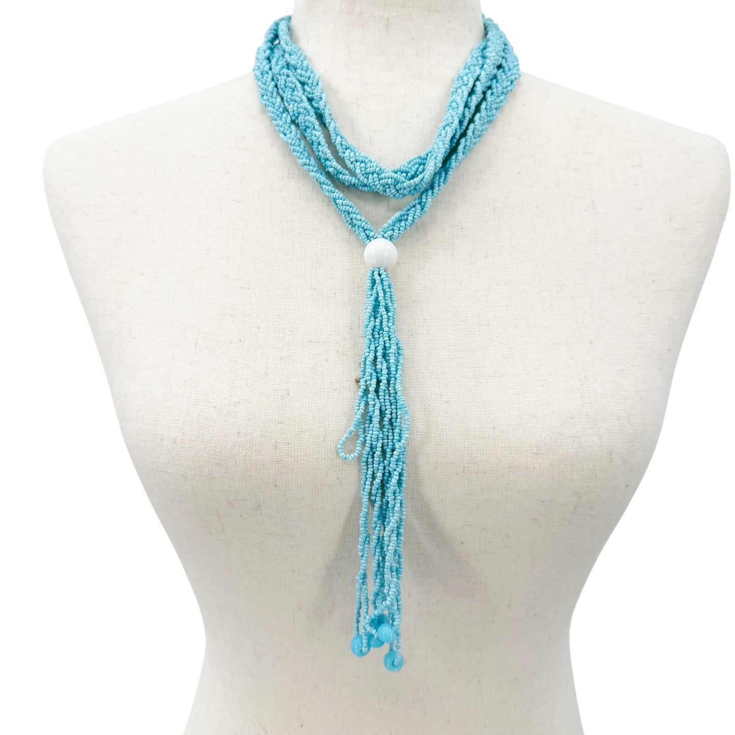 vintage Necklace of turquoise blue seed beads & tassel pendant long 28" drop