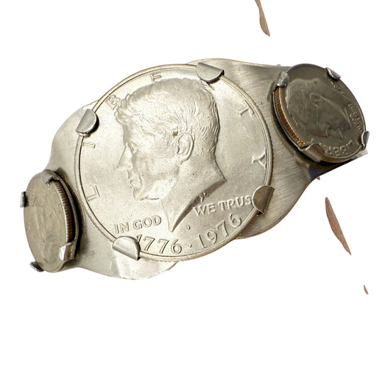vintage silver tone metal Coin Cuff Bracelet dimes & half dollar jewelry