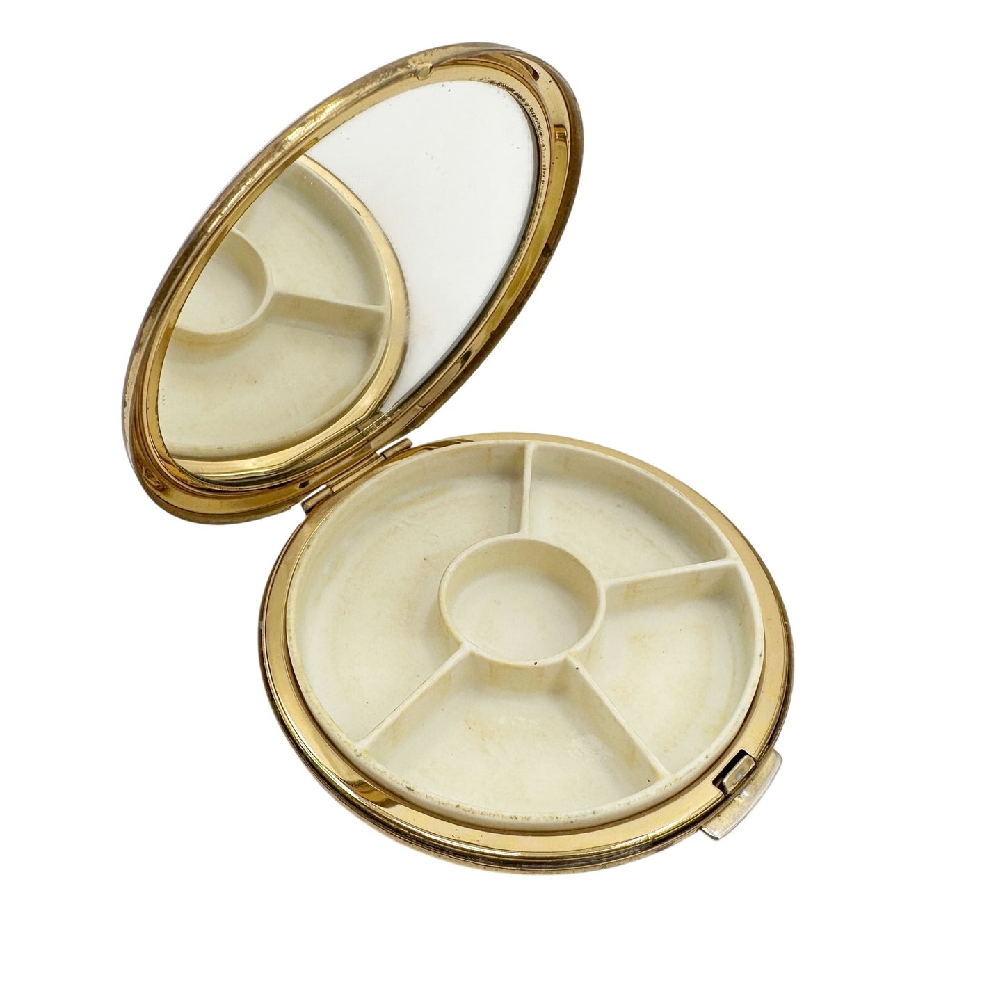 vintage gold tone metal Stratton floral Compact round makeup tray mirror England