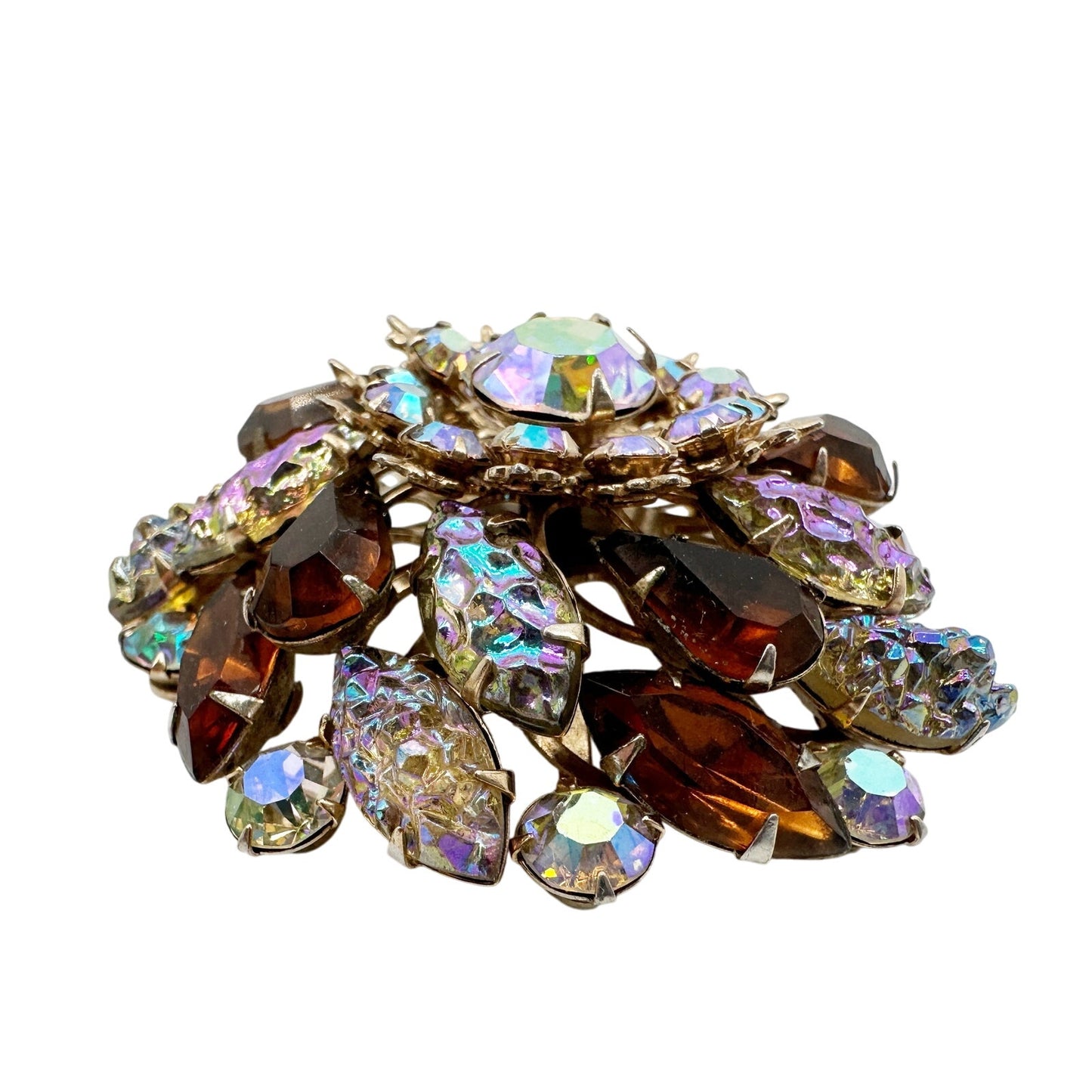 vintage gold & brown rhinestones sparkly BROOCH round jewelry pin *missing pin*