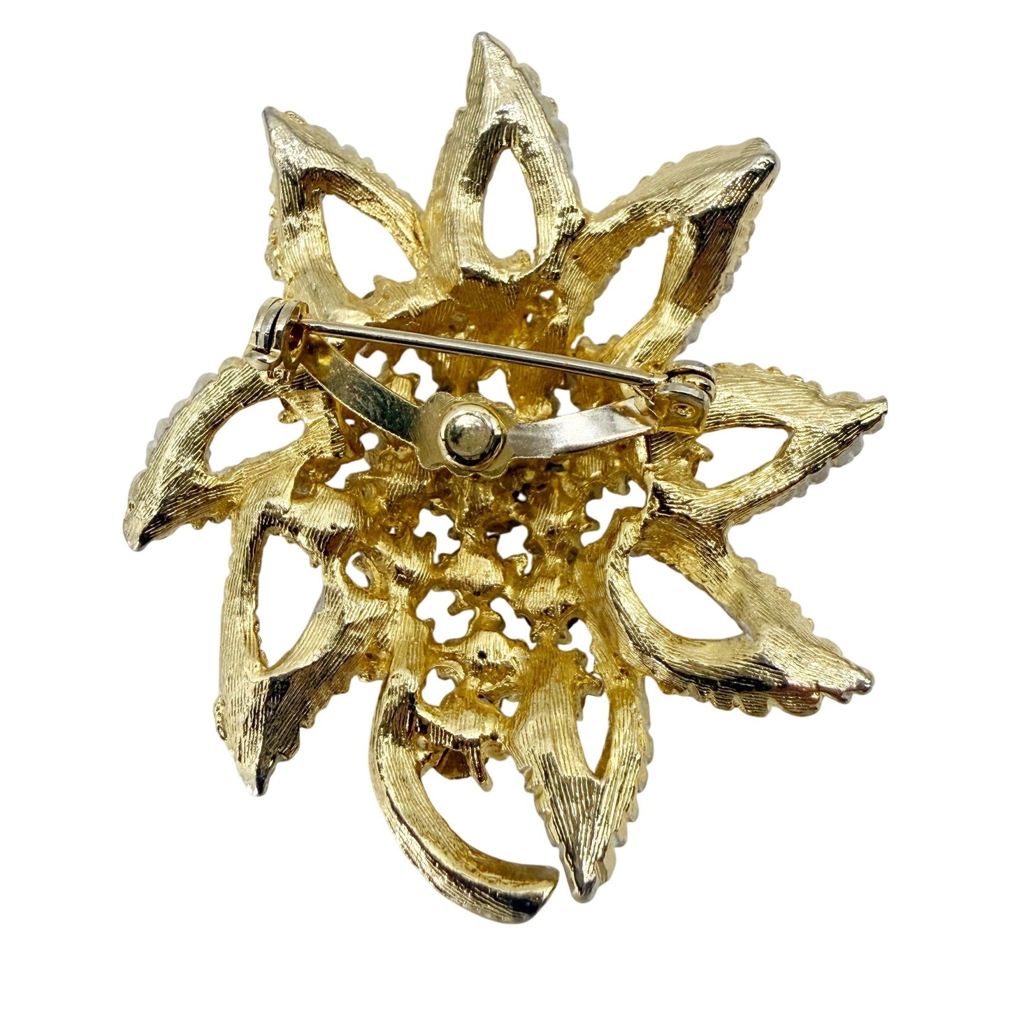vintage gold grayish white baby blue rhinestones Leaf BROOCH floral jewelry pin