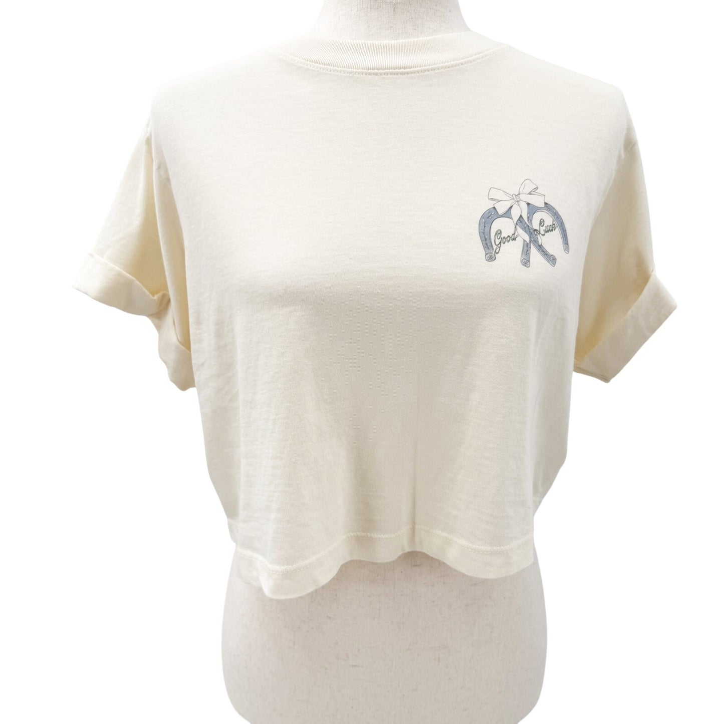 off-white & blue Boyfriend Crop Tee horseshoes bows Good Luck women's XS new top