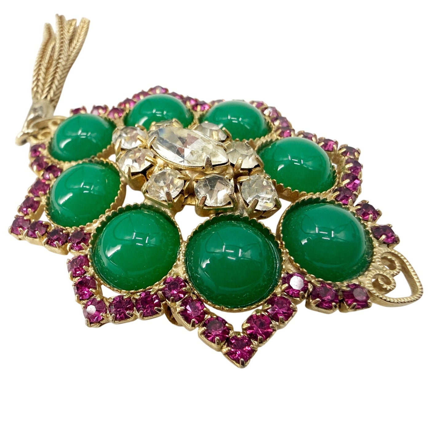 vintage Juliana D&E green purple gold BROOCH tassel dangle chain jewelry pin