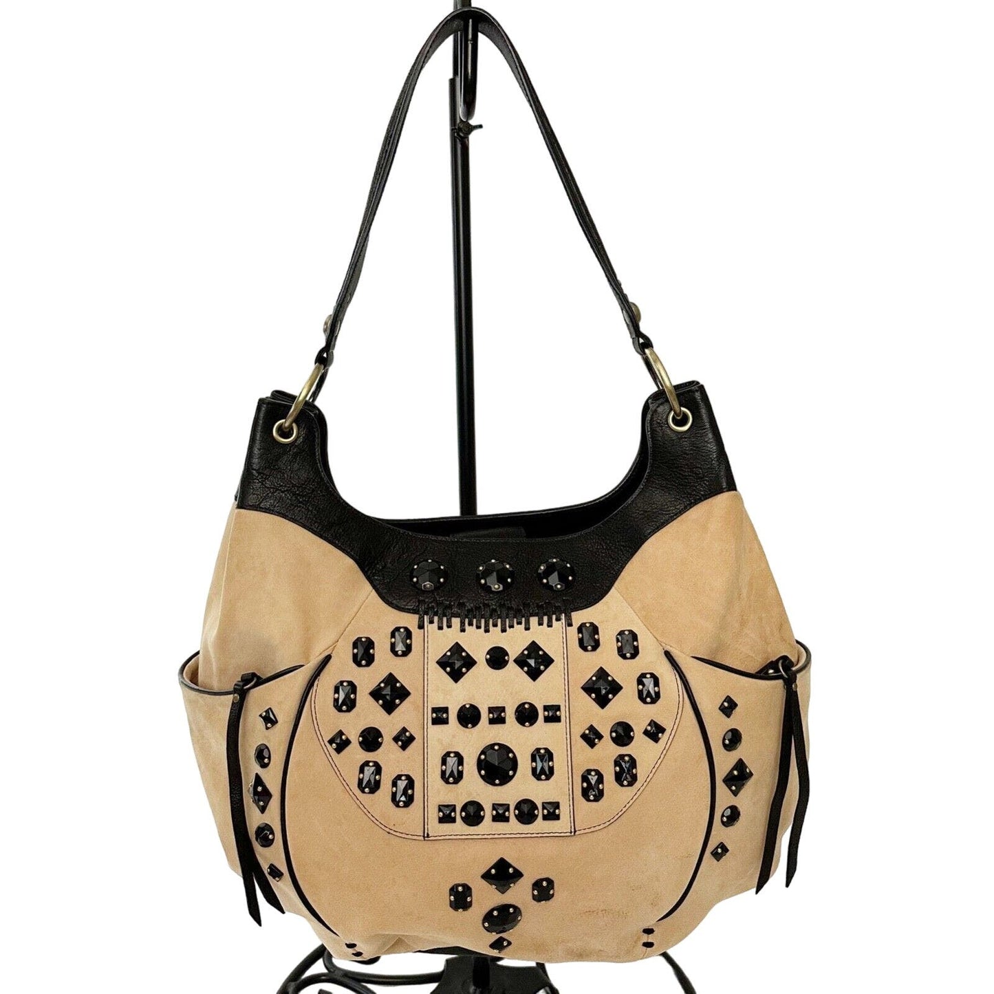 Tre Vero black & beige leather opaque beaded HANDBAG shoulder purse bag