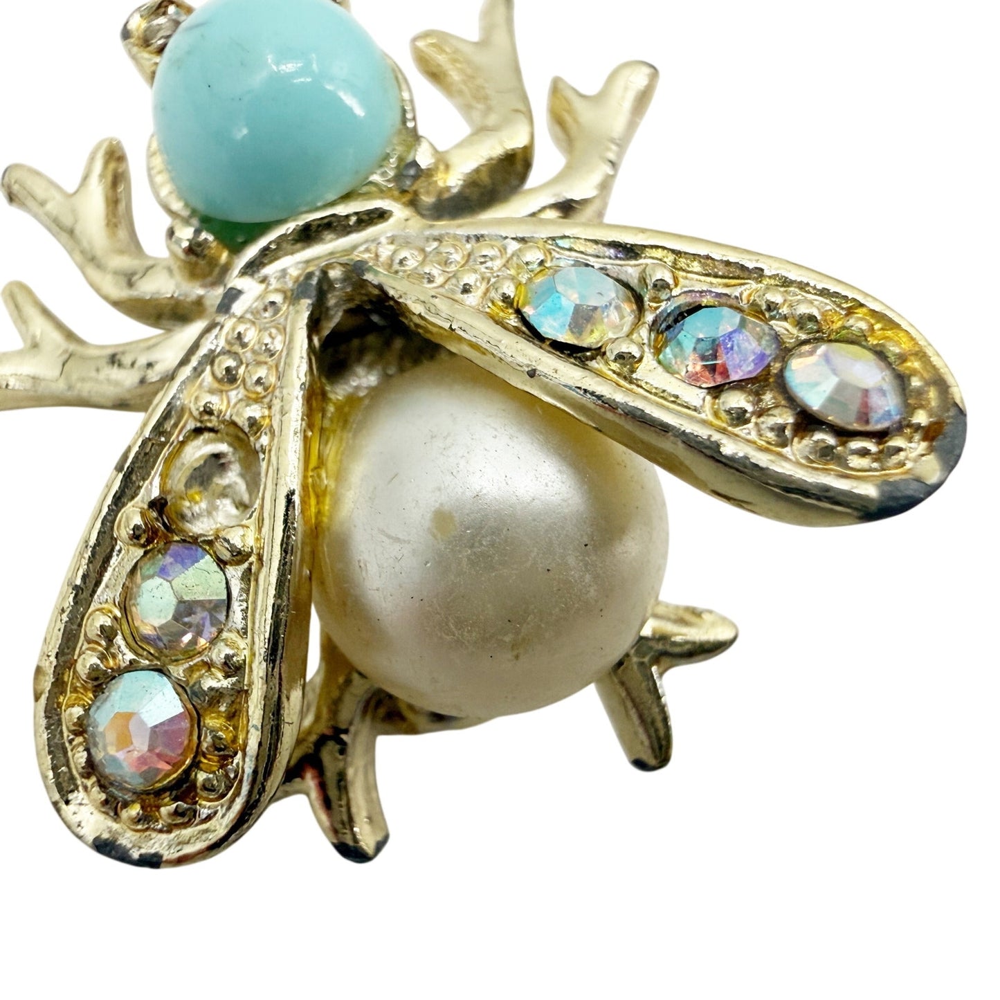 vintage aqua cabochon rhinestones gold Fly Bug BROOCH insect costume jewelry pin
